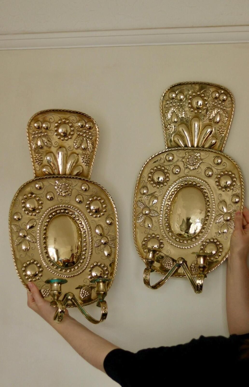 Pair Large Baroque Style Mid Century Swedish Brass Sconces