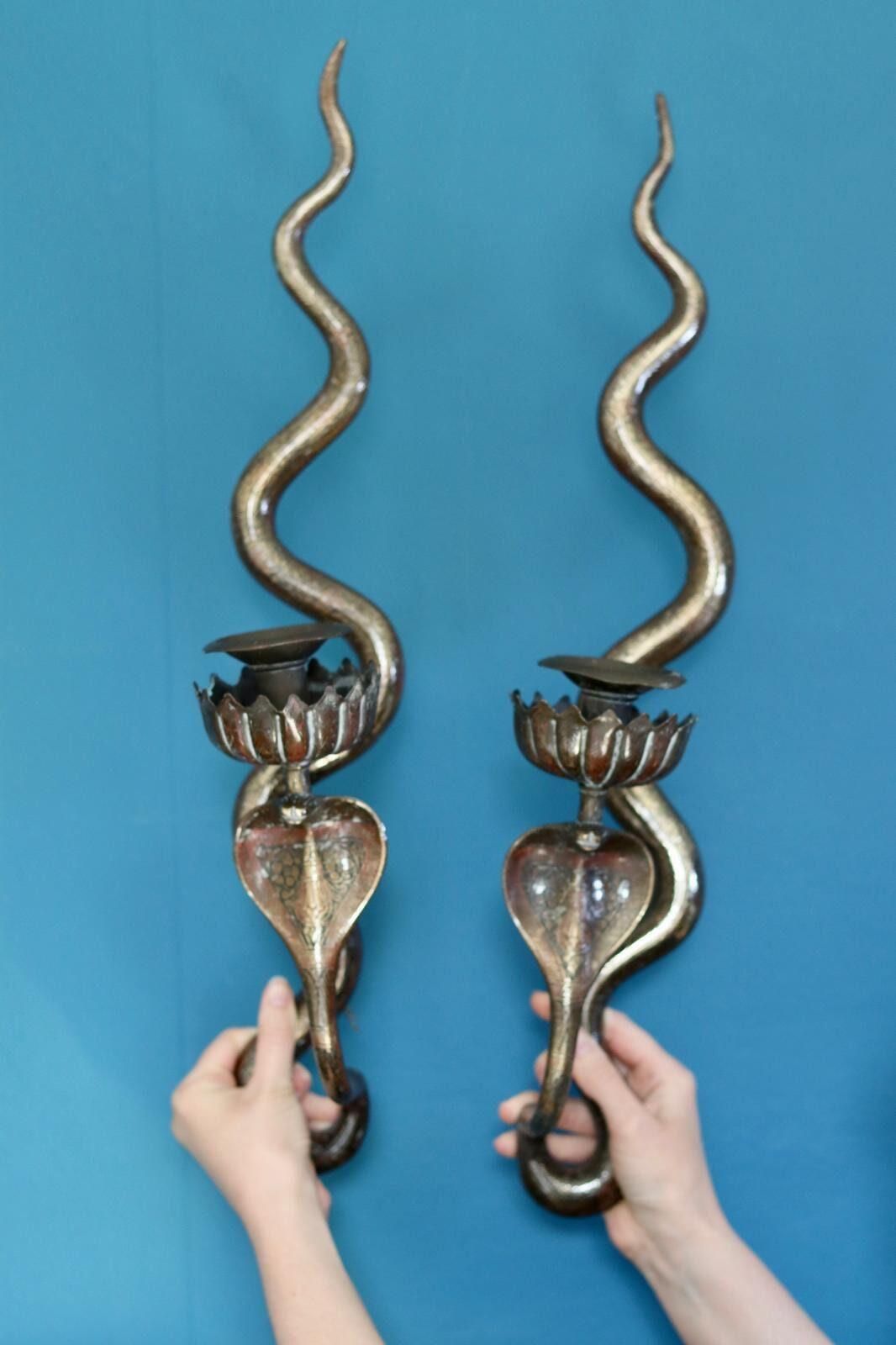 Pair Of Egyptian Revival Style Engraved Brass Cobra Sconces photo 715.0