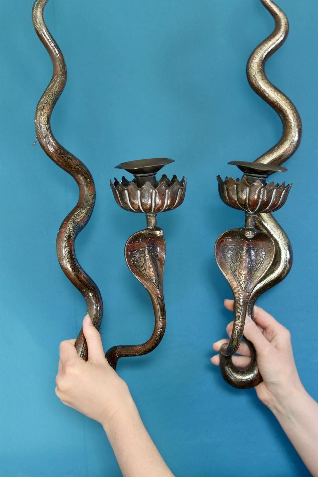 Pair Of Egyptian Revival Style Engraved Brass Cobra Sconces photo buy