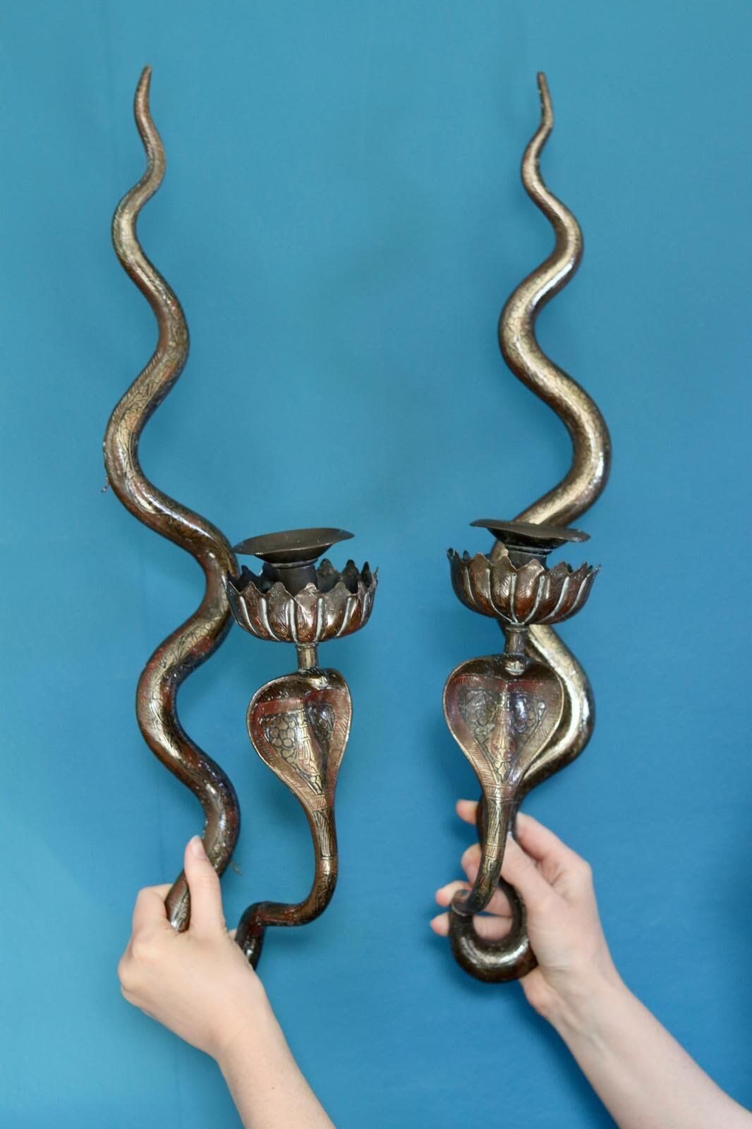photo buy Pair Of Egyptian Revival Style Engraved Brass Cobra Sconces
