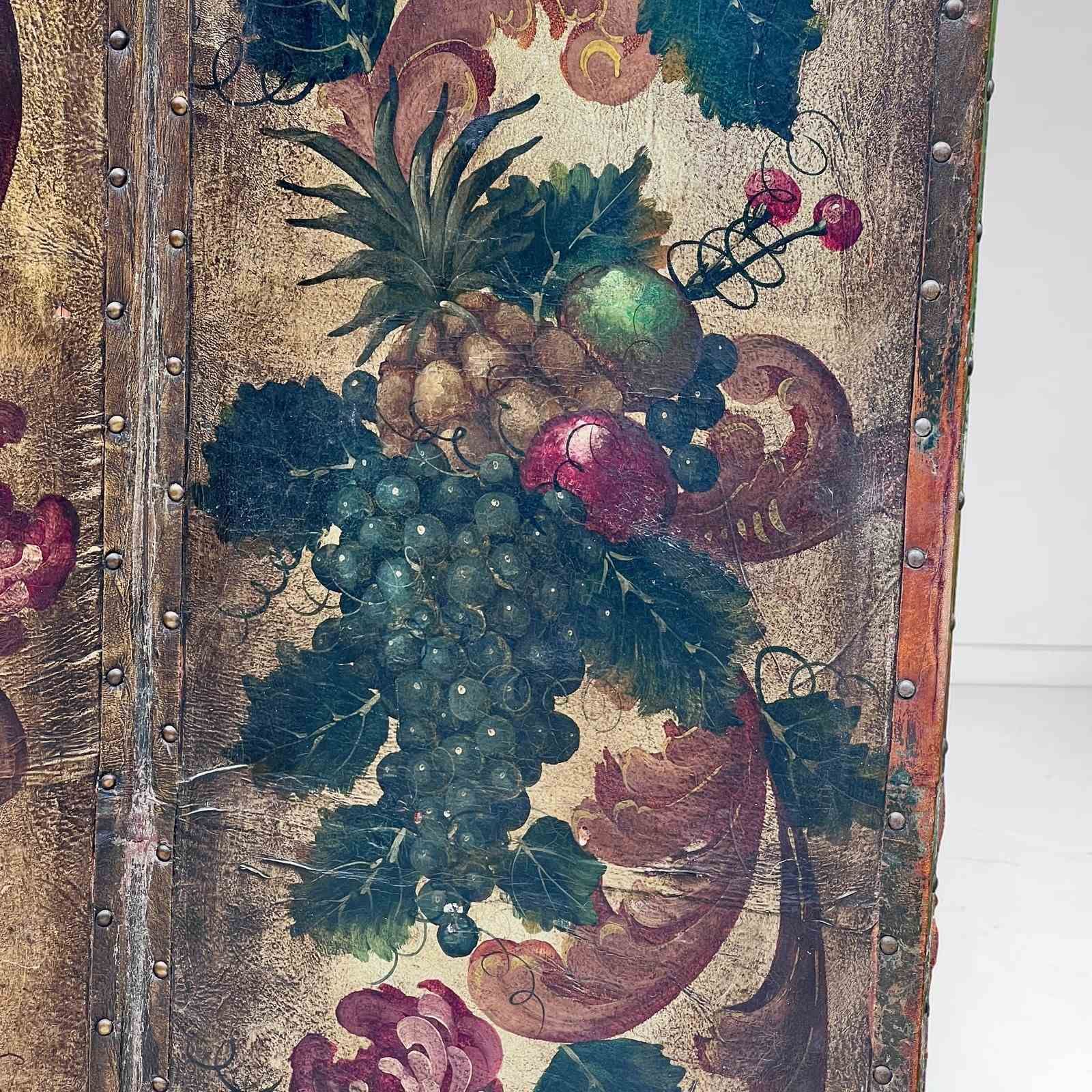 Antique French Hand Painted Four Fold Leather Room Divider Screen photo buy
