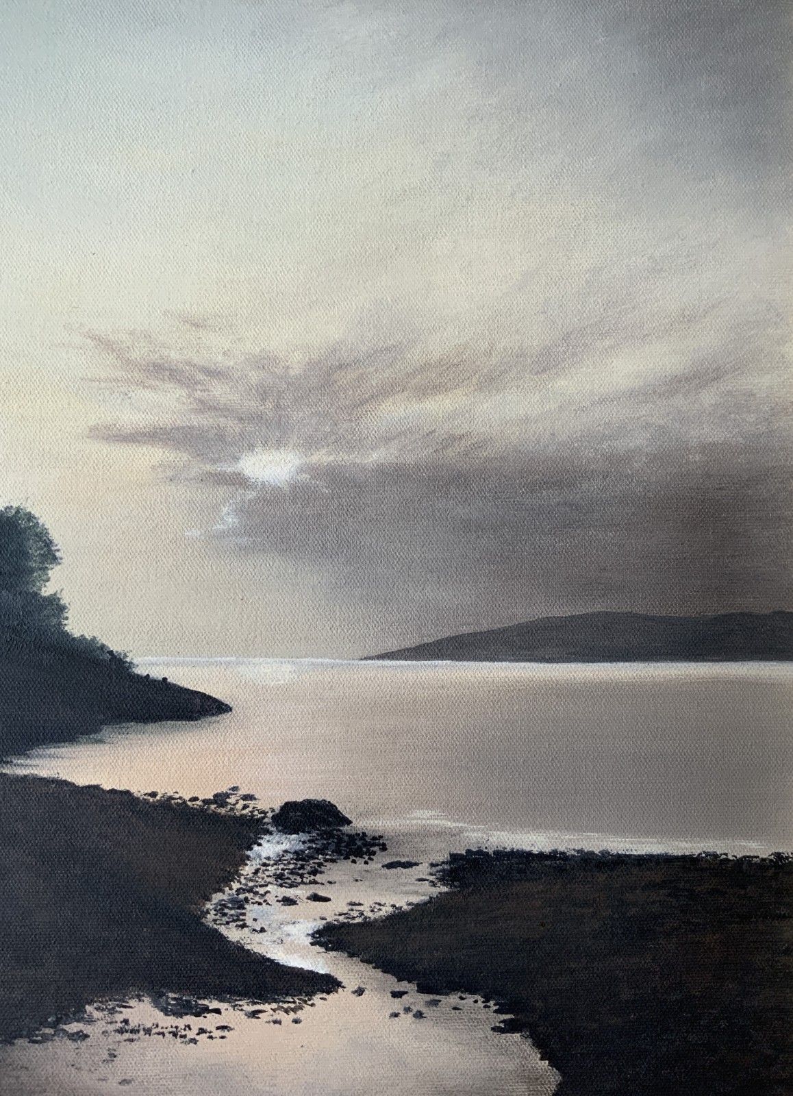 Stunning Isle Of Bute Acrylic Painting Scottish Landscape Moonlit Loch photo vintage