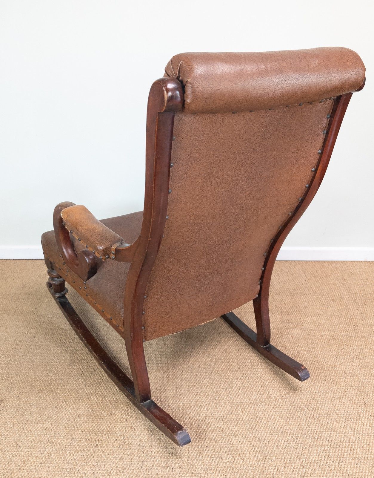 Antique Vintage Mahogany Framed Scroll Arm Tan Brown Leather Rocking Arm Chair photo 295.0