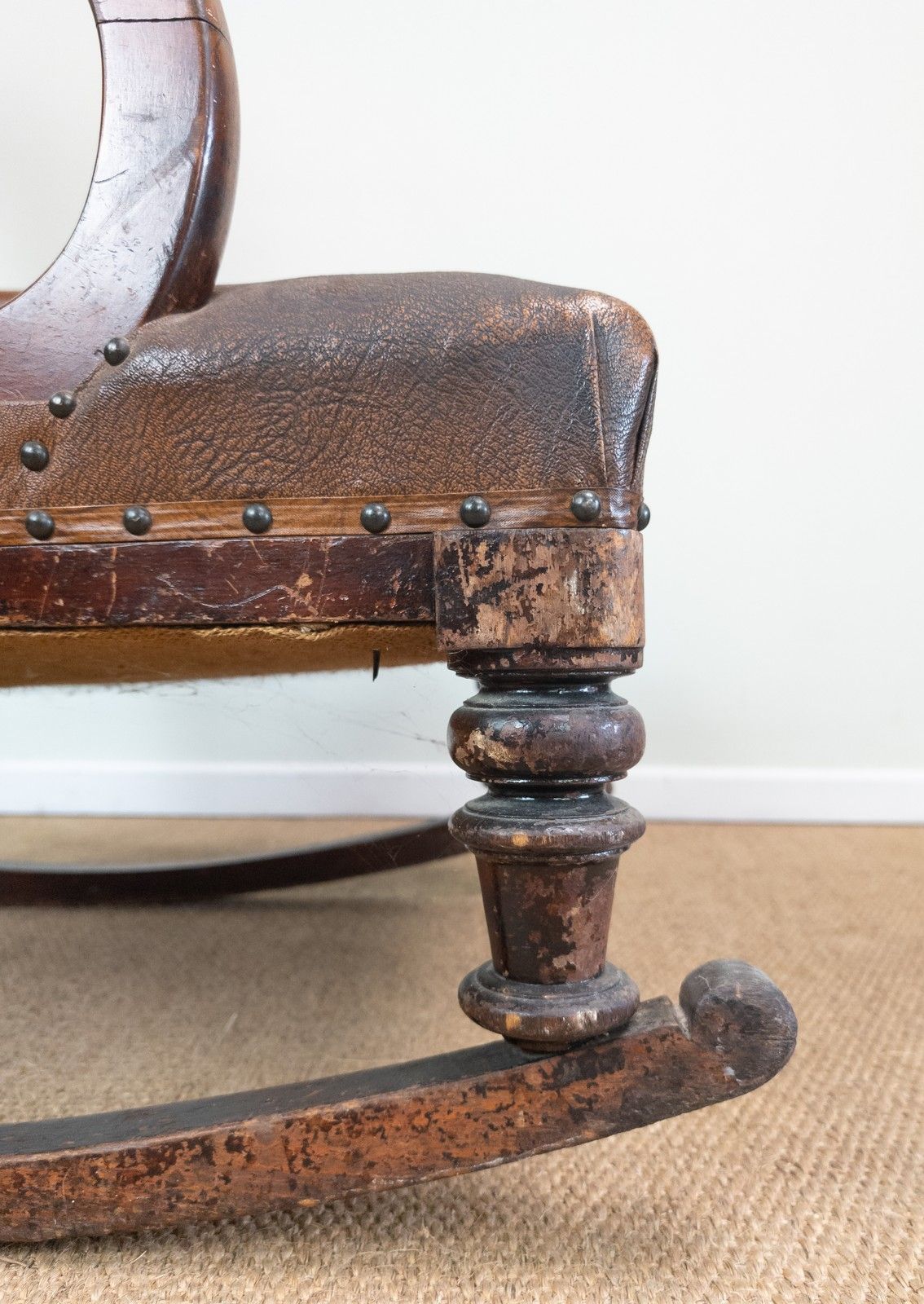Antique Vintage Mahogany Framed Scroll Arm Tan Brown Leather Rocking Arm Chair photo vintage