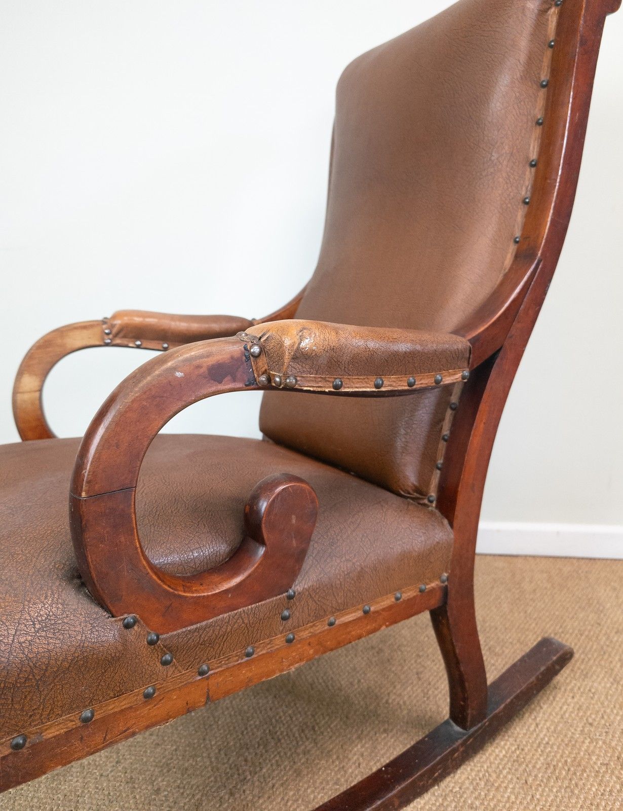 295.0 Antique Vintage Mahogany Framed Scroll Arm Tan Brown Leather Rocking Arm Chair photo