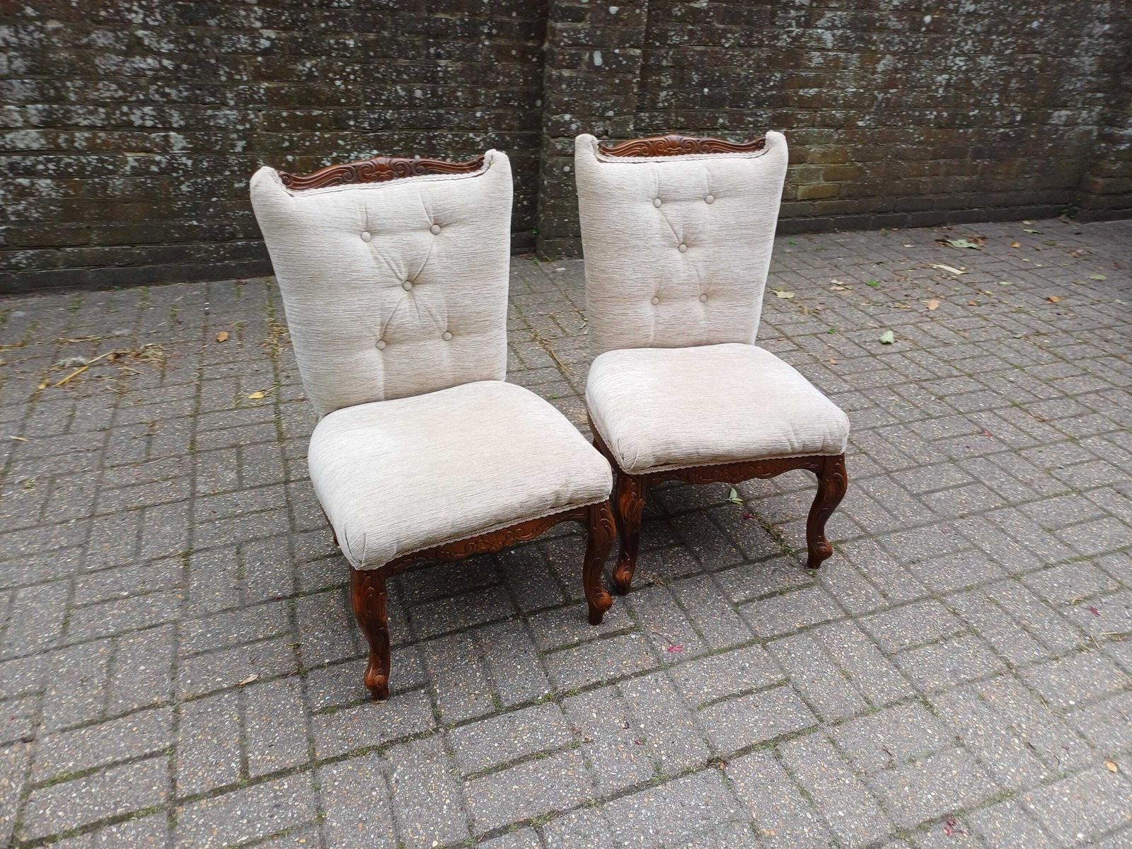 Pair Of Vintage Newly Upholstered Nursing Chairs Carved Hardwood Side Occasional Chairs