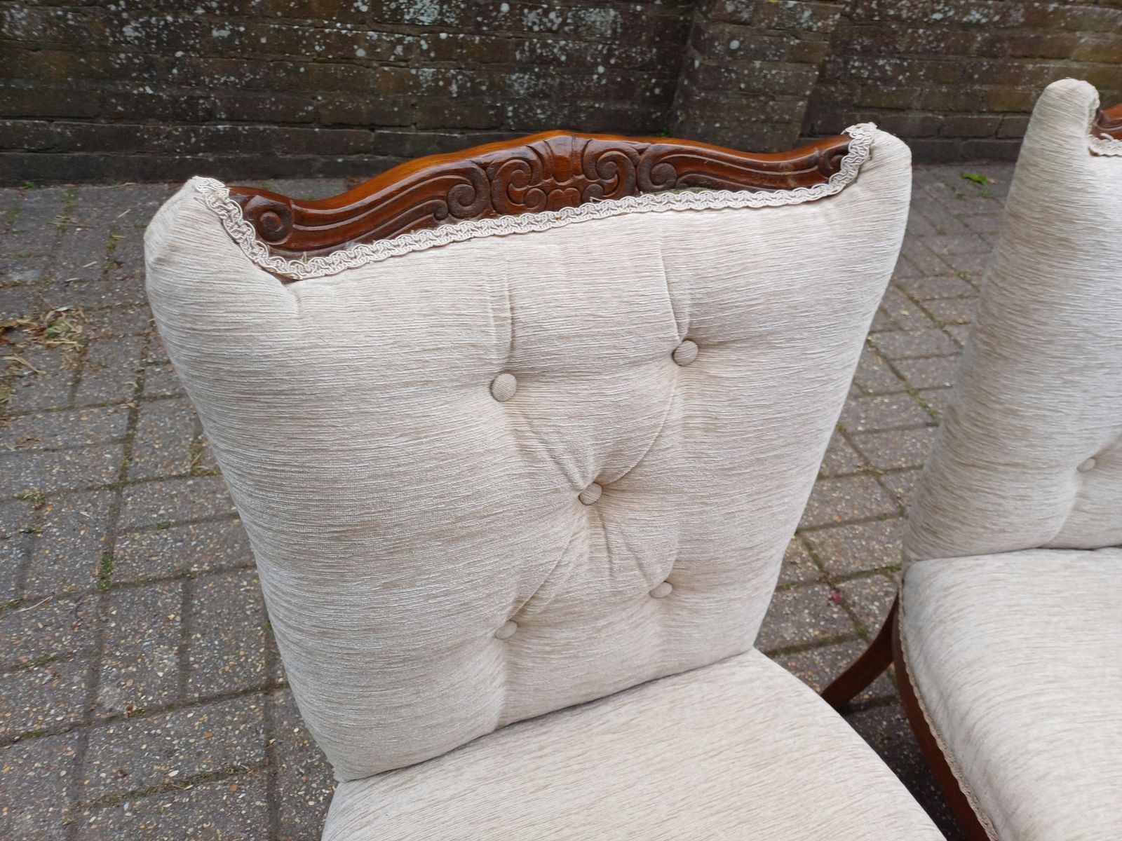 Pair Of Vintage Newly Upholstered Nursing Chairs Carved Hardwood Side Occasional Chairs photo 350.0