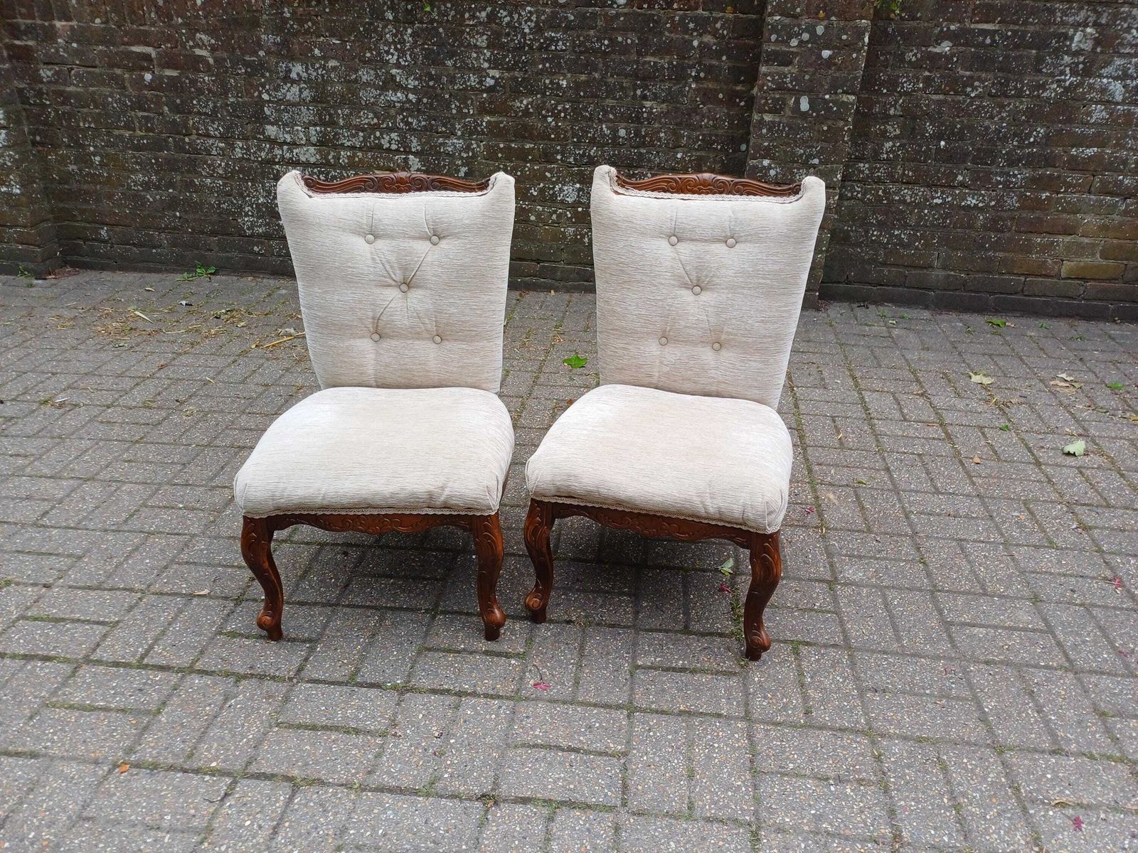 Pair Of Vintage Newly Upholstered Nursing Chairs Carved Hardwood Side Occasional Chairs photo buy