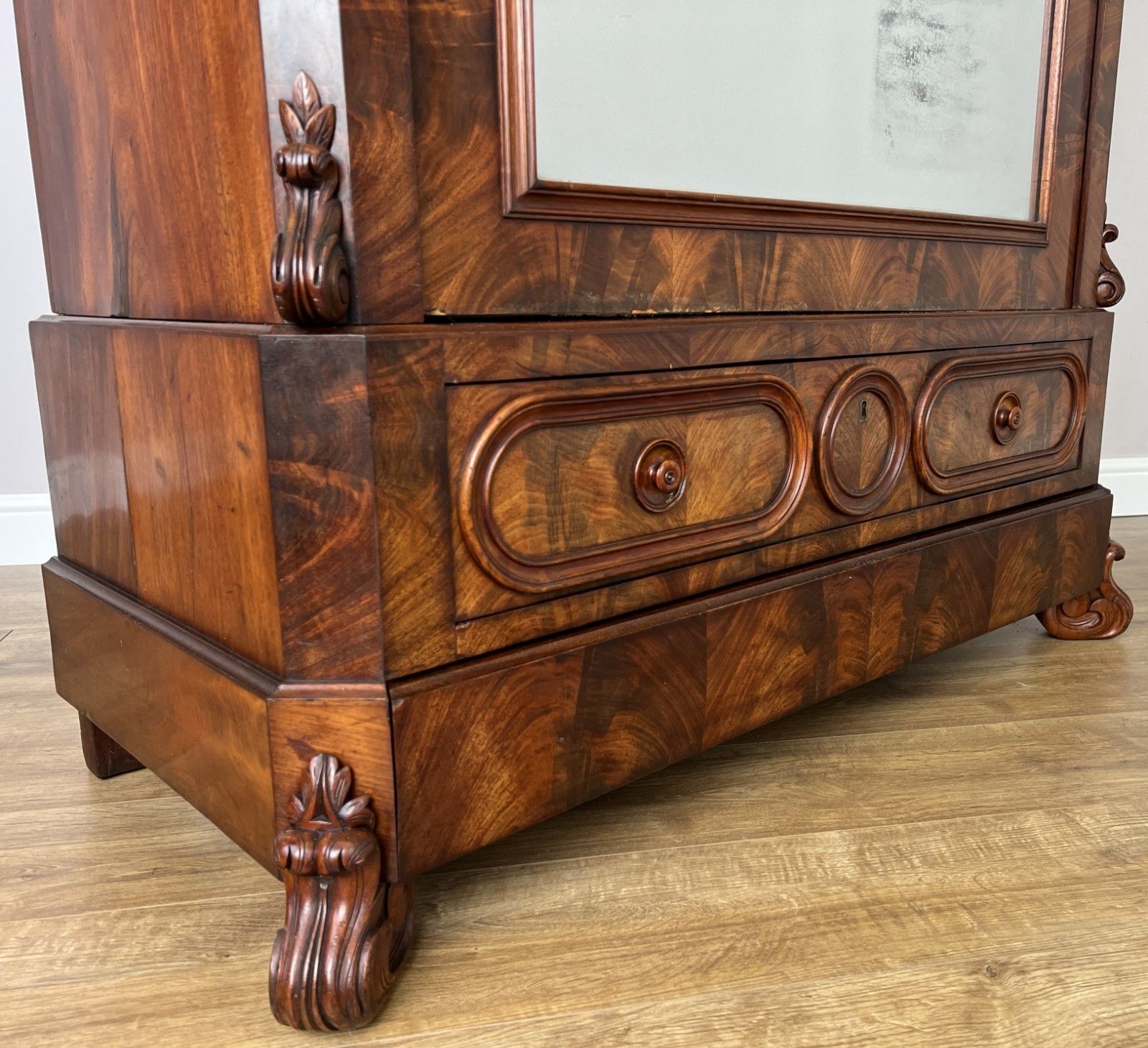 photo for sale Wardrobe Antique French Burr Walnut Mirrored Two Drawer Armoire Cabinet Lot 6098