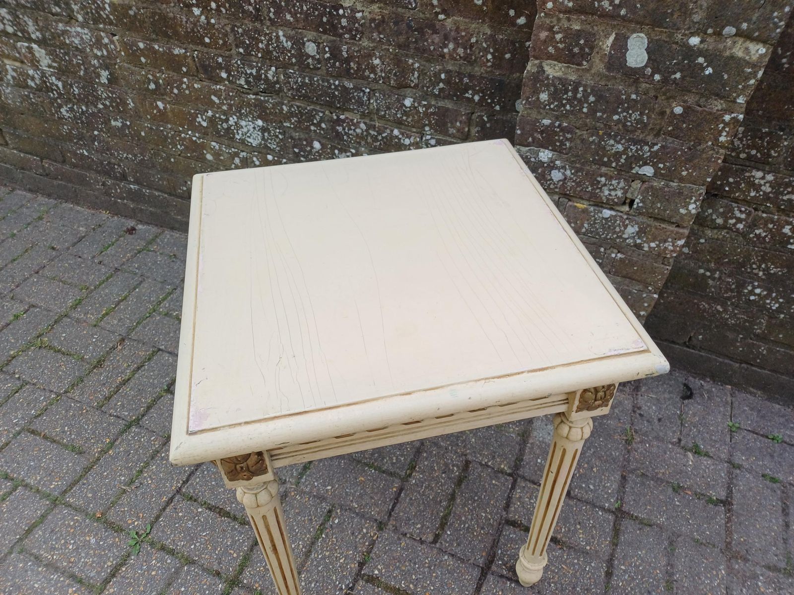 Victorian Painted Pine Square Vintage Occasional Table Shabby Chic Side Lamp Table Fluted Legs Antique Cream photo Furniture