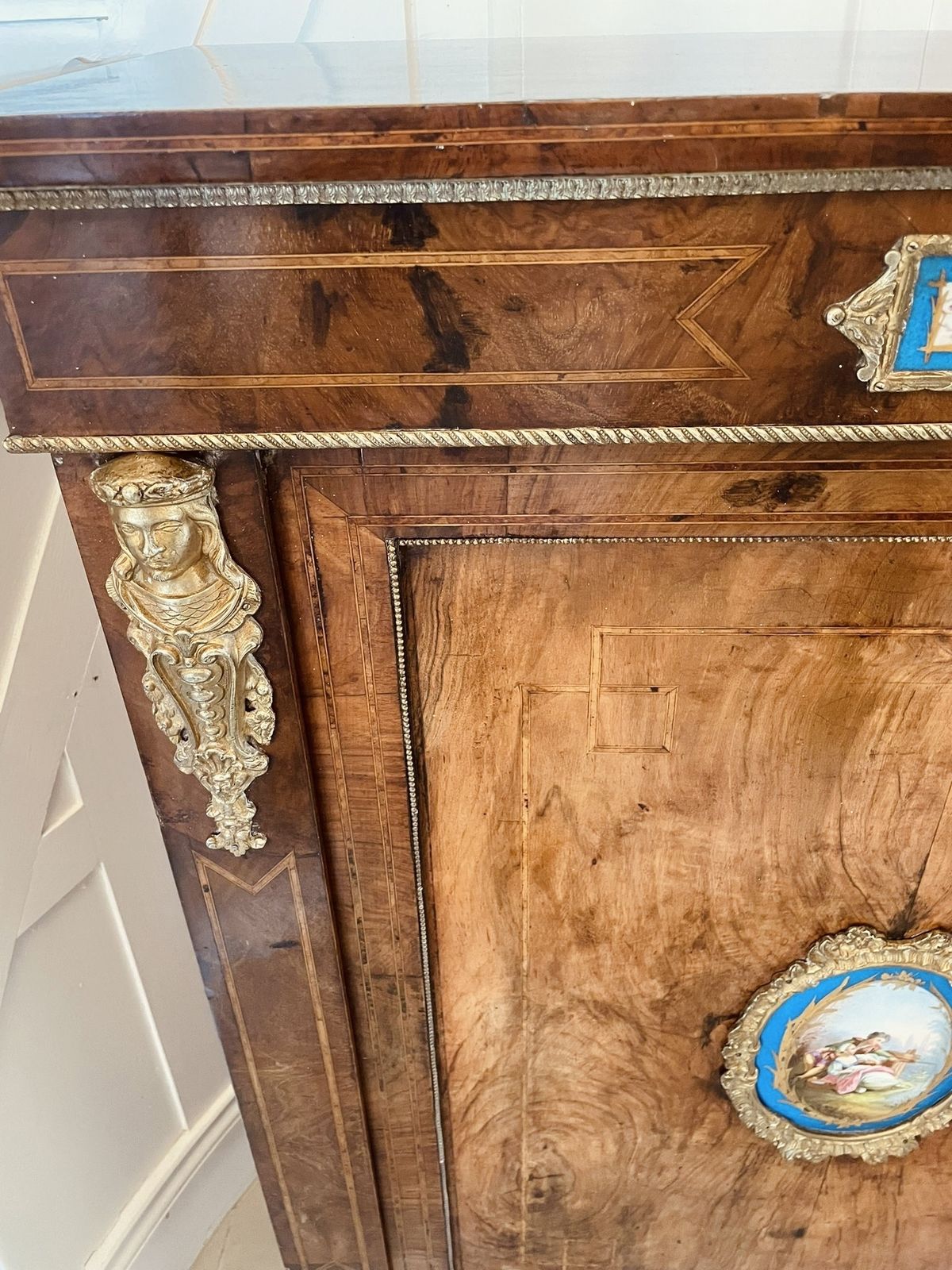 Outstanding Quality Pair Of Antique 19th Century Inlaid Burr Walnut And Porcelain Mounted Pier Cabinets photo vintage
