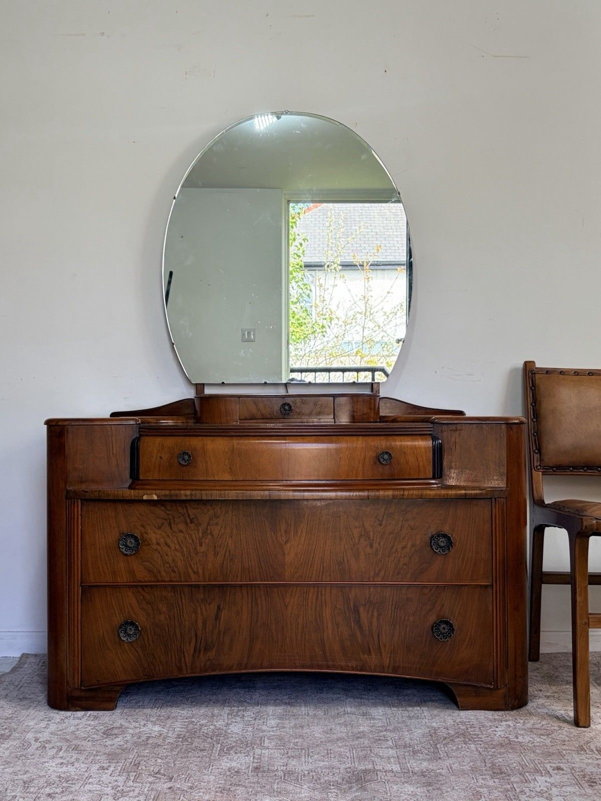 Vintage Dressing Table Drawers Oval Mirror Art Deco Mid Century photo Furniture