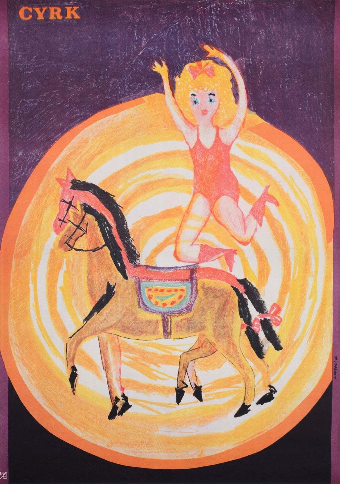 Cyrk Horse Jumping Acrobat 1966 Polish Circus Poster, Adam Zalecki