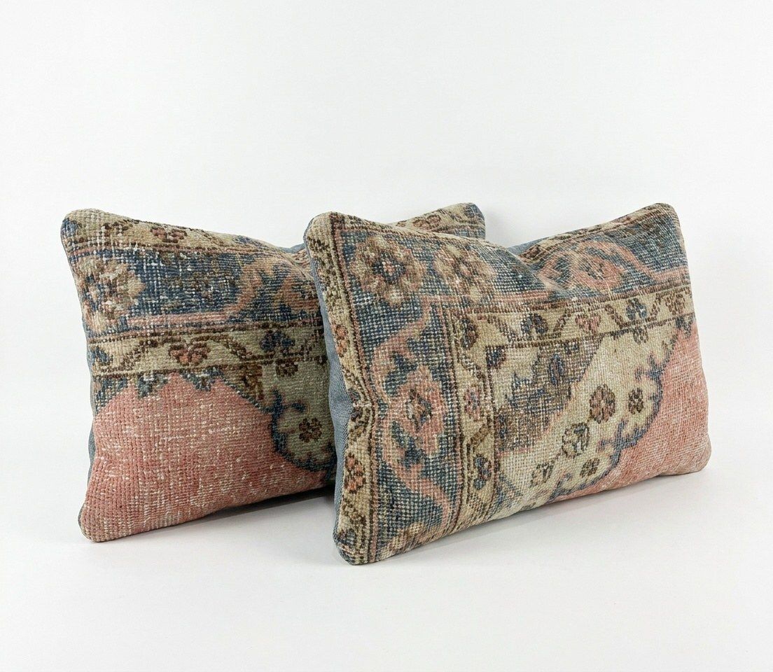 Turkish Oushak Lumbar Rug Pillow Cover 35 X 60 Cm & 40 X 60 Cm   Set Of Two photo for sale