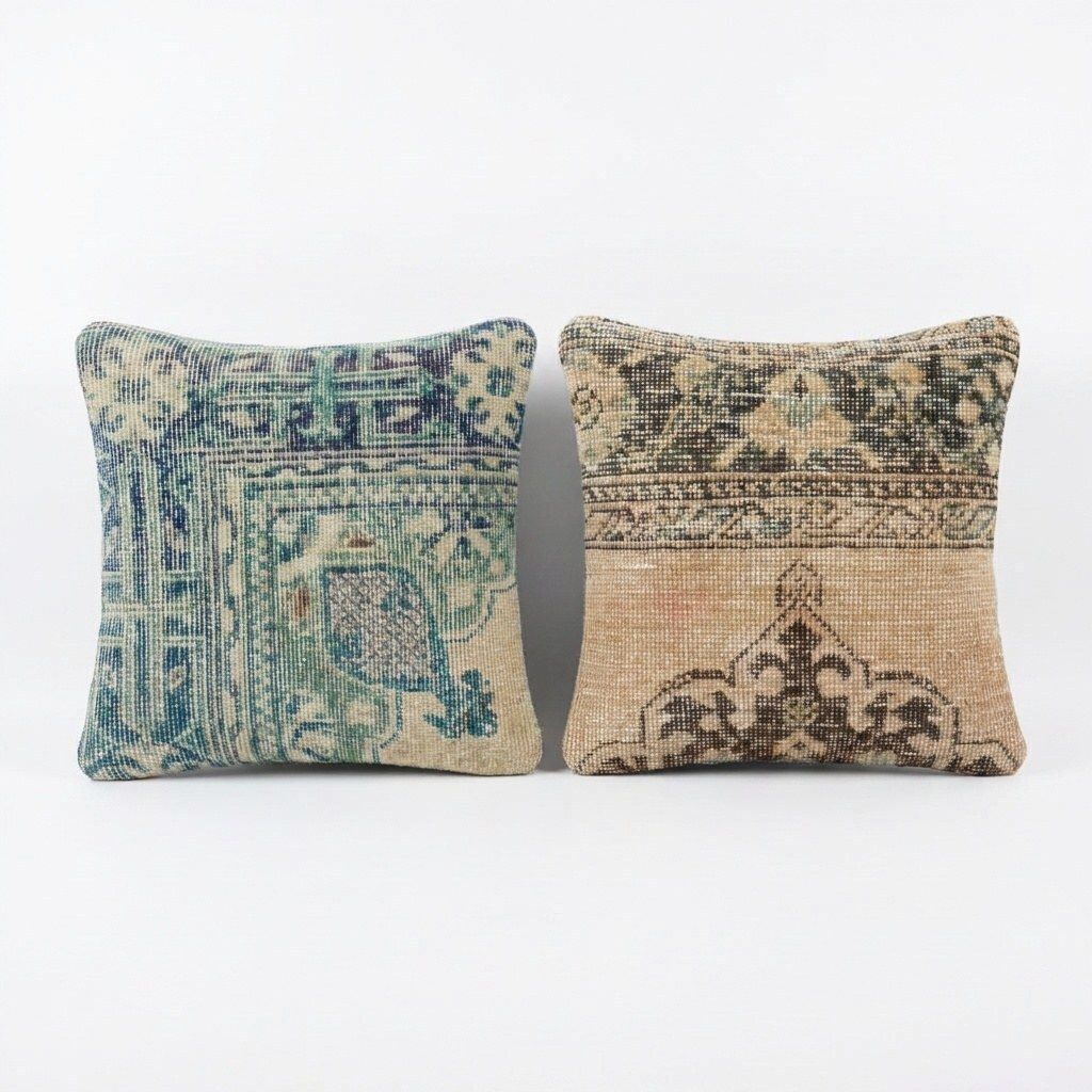 Housse de coussin bohème en tapis turc vintage, 40 x 40 cm, lot de deux
