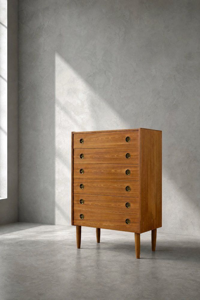 Mid Century Danish Modern High Teak Highboy With Brass Handles, 1960s photo for sale