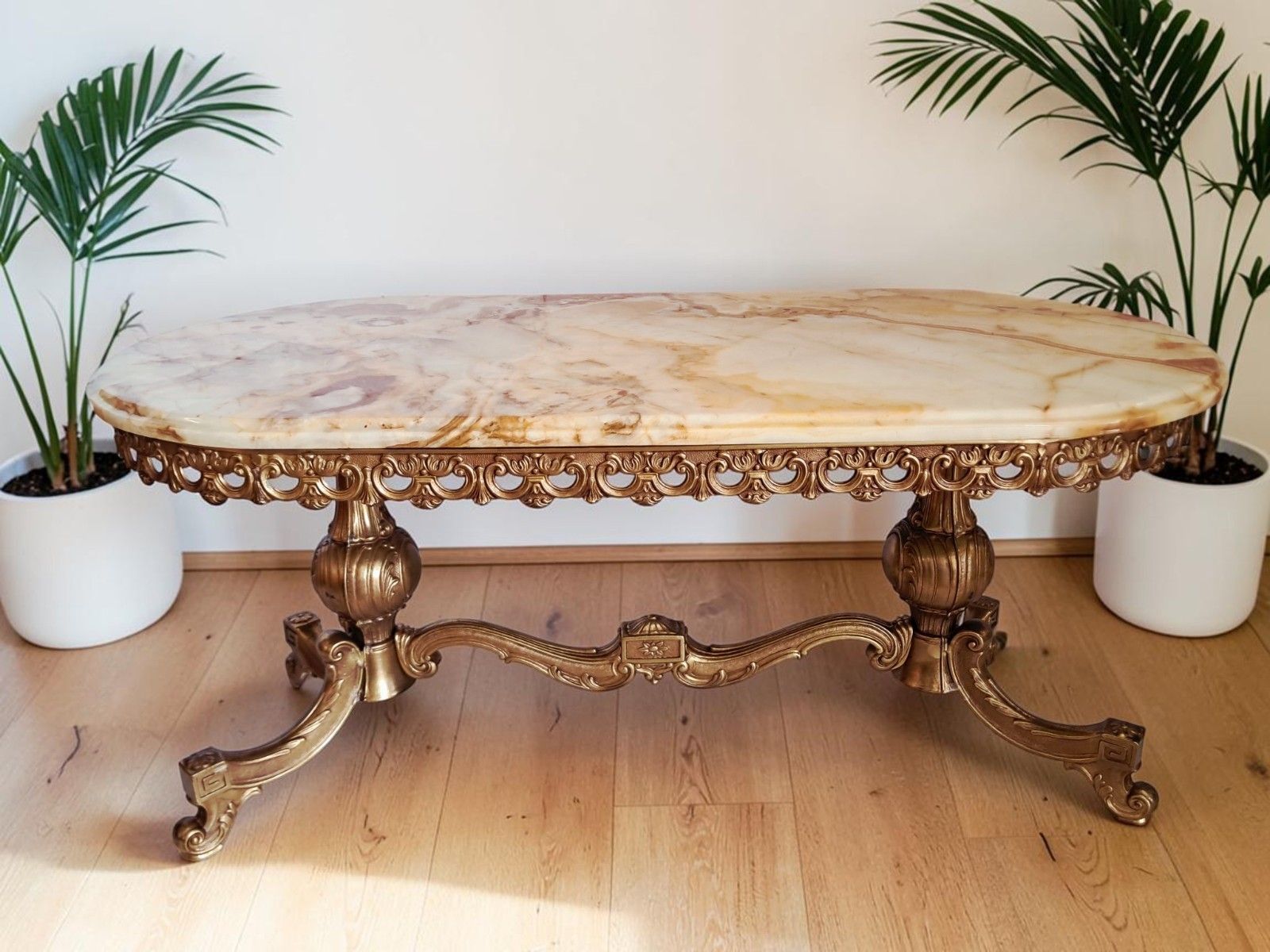 Vintage Onyx & Brass Marble Coffee Table Italian Style Rococo Gold Mid Century