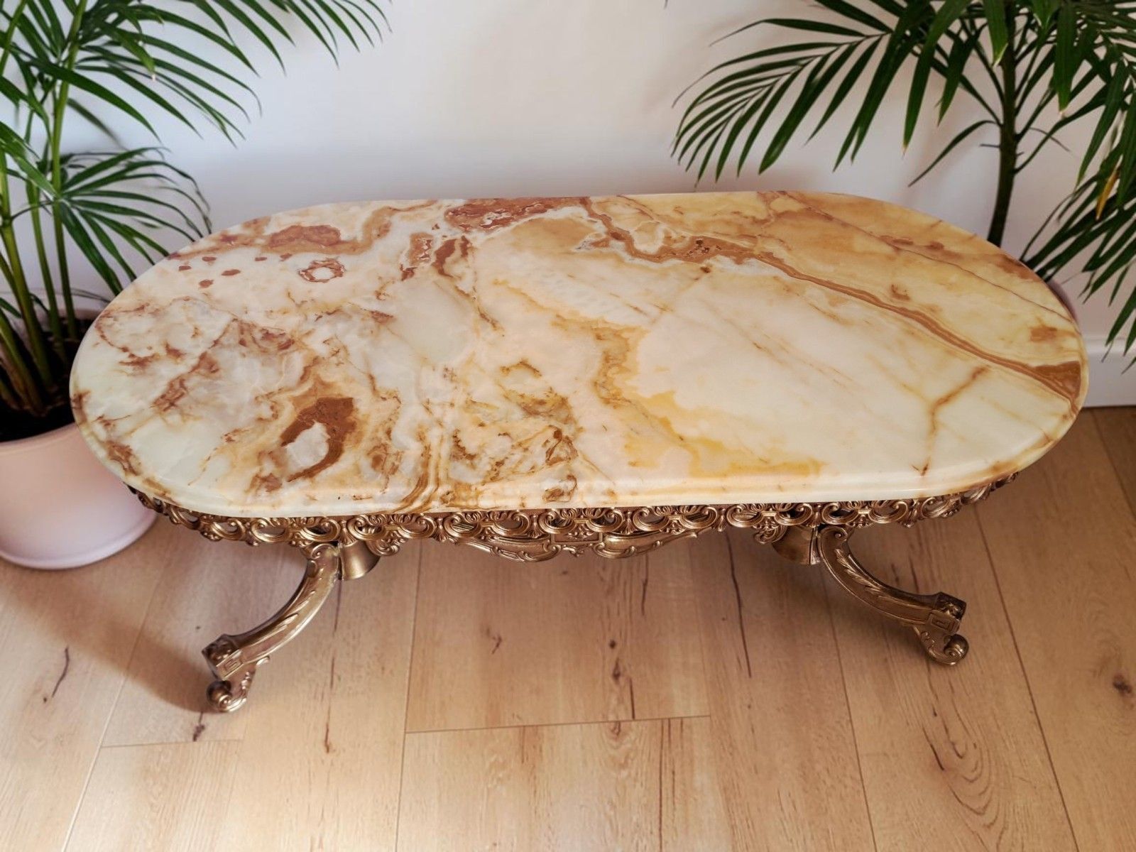 Vintage Onyx & Brass Marble Coffee Table Italian Style Rococo Gold Mid Century photo furniture