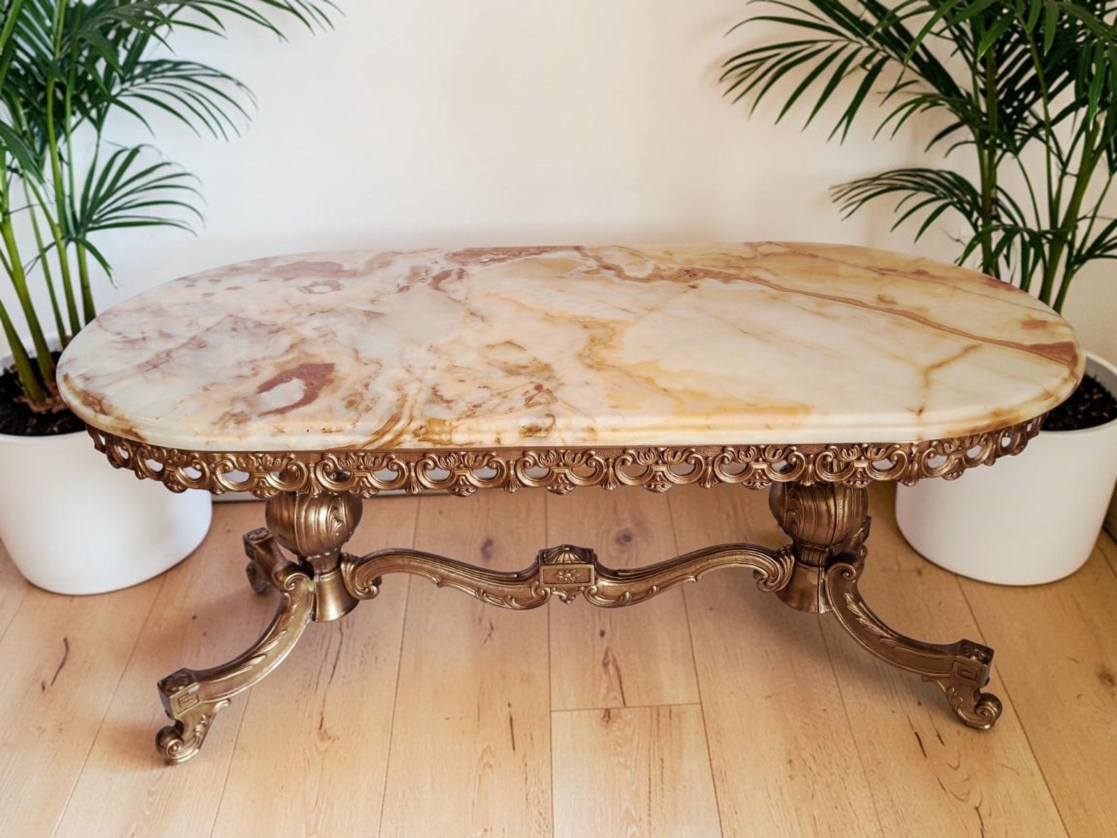 Vintage Onyx & Brass Marble Coffee Table Italian Style Rococo Gold Mid Century photo for sale