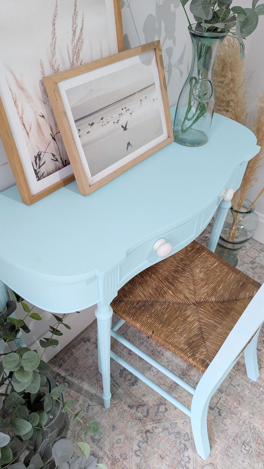 photo furniture Compact/Petite Light Blue Country Cottage Style Dressing Table/Writing Desk & Chair Set