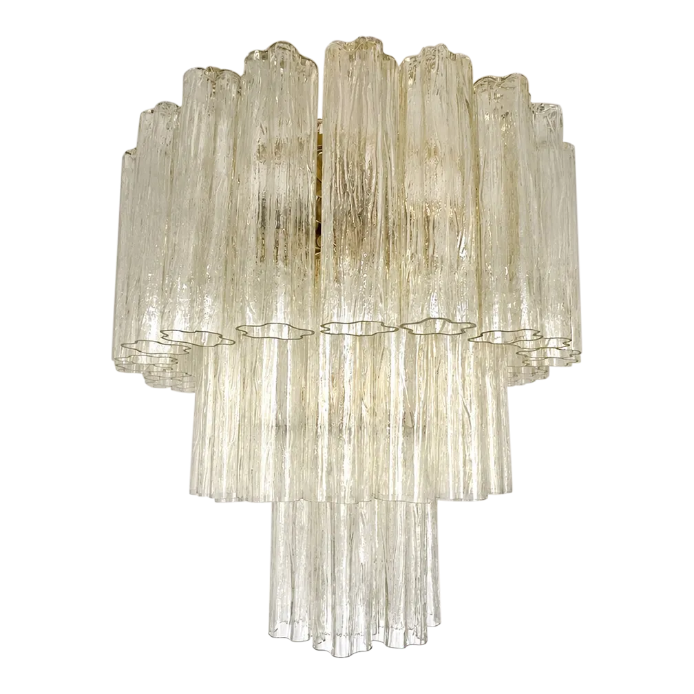 Scenographic Italian Hand Made Flush Mount With Old Crystal “Tronchi” Murano Glass