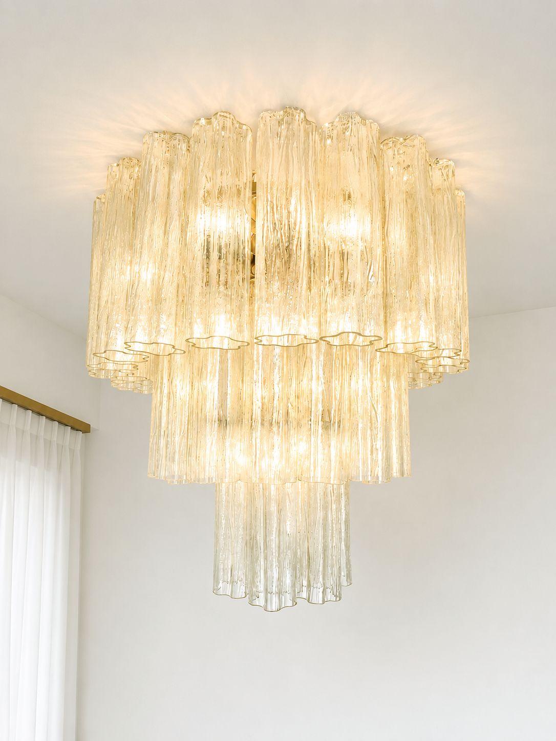 Scenographic Italian Hand Made Flush Mount With Old Crystal “Tronchi” Murano Glass photo for sale