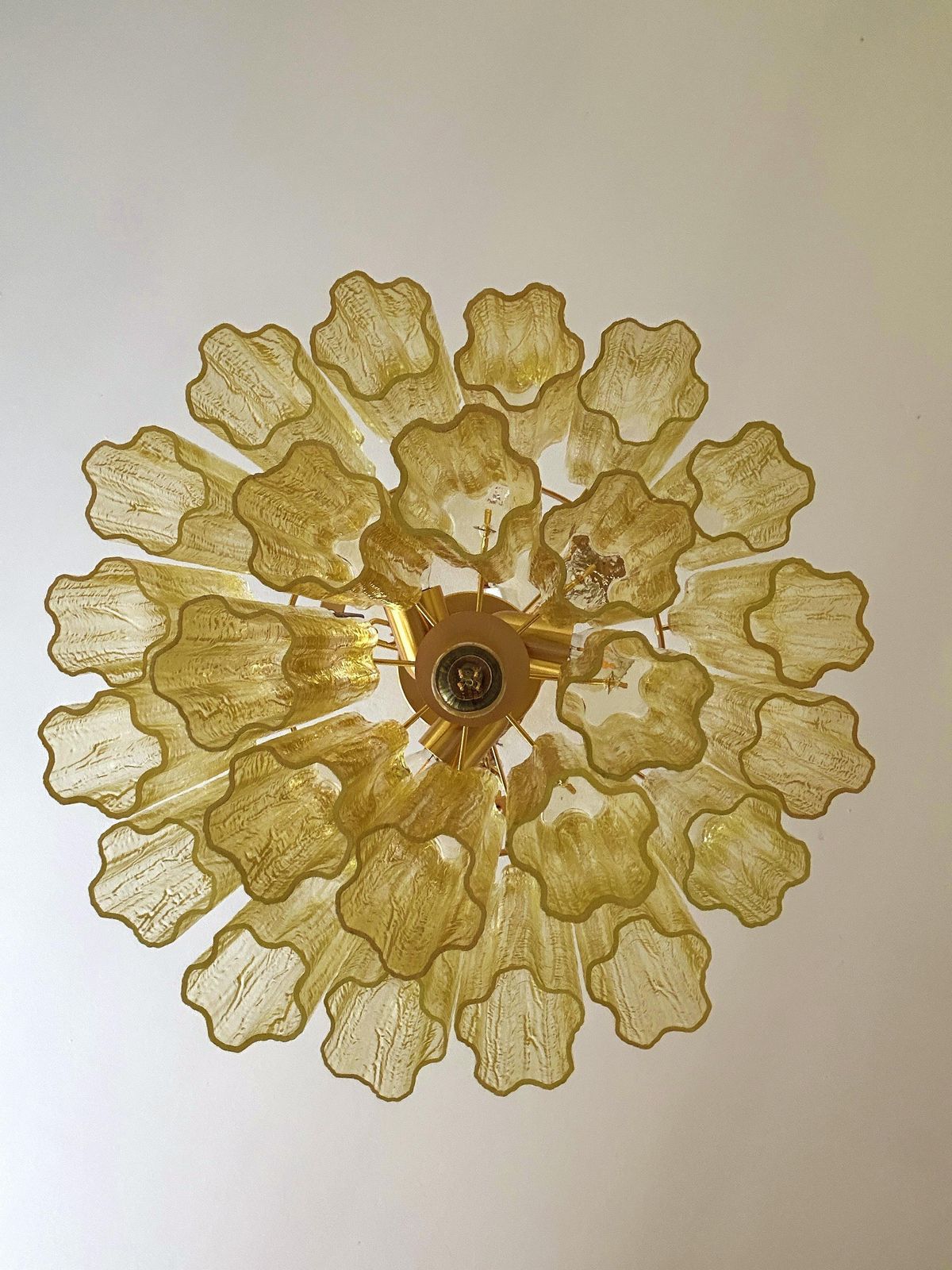 Contemporary Italian Hand Made Gold Flush Mount With Clear Amber “Tronchi” Murano Glass photo for sale