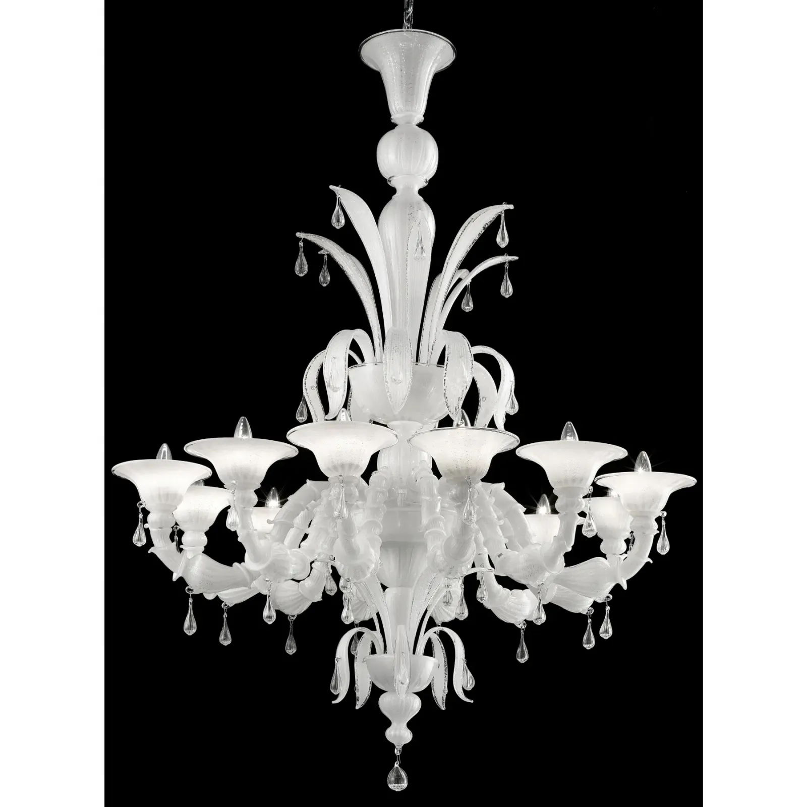 White Venetian “Ca’ Rezzonico” Murano Glass Chandelier With Clear Glass Drops photo furniture