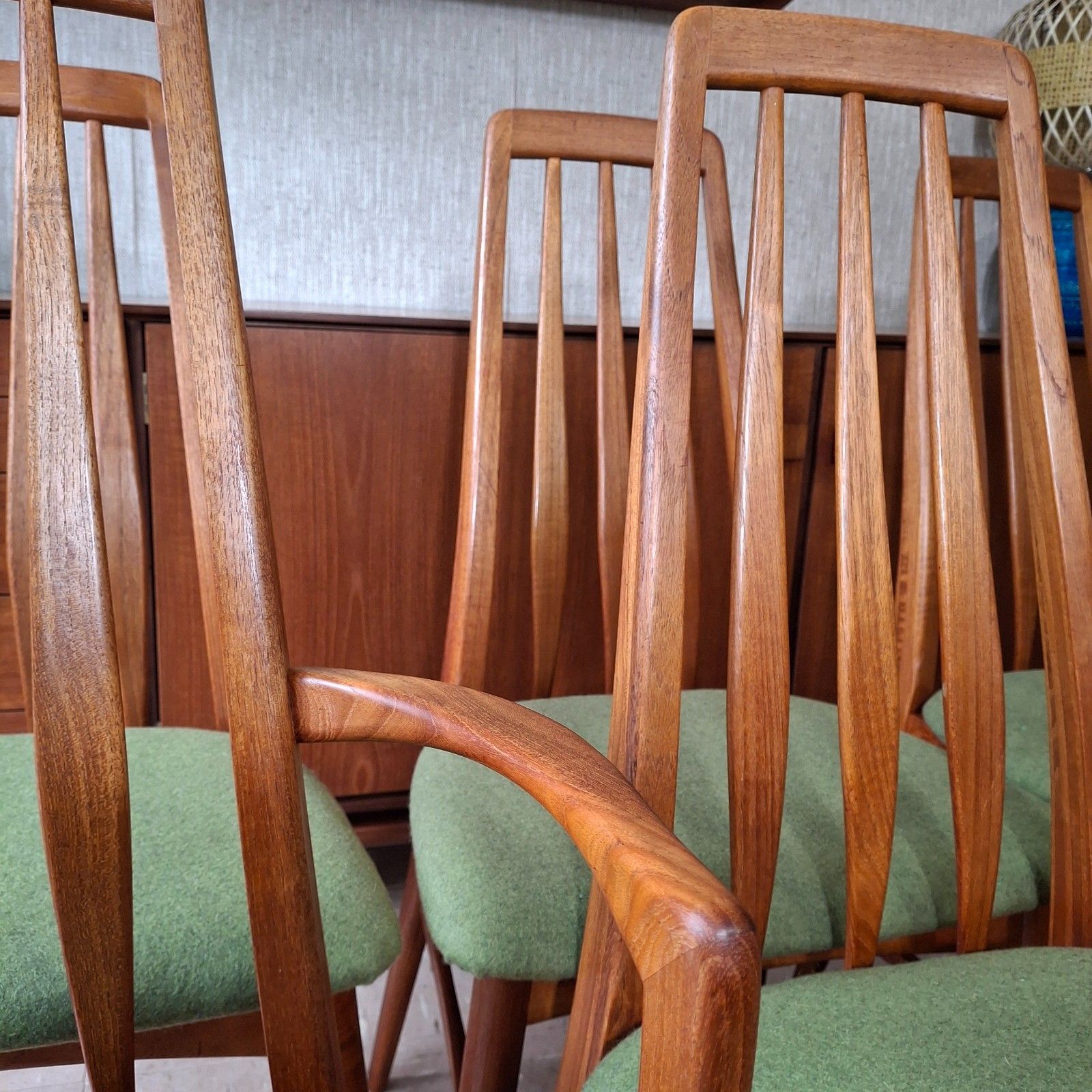 Fab Vintage Set Of 6 Danish Teak Niels Koefoed Eva Dining Chairs Green Wool photo 1600.0