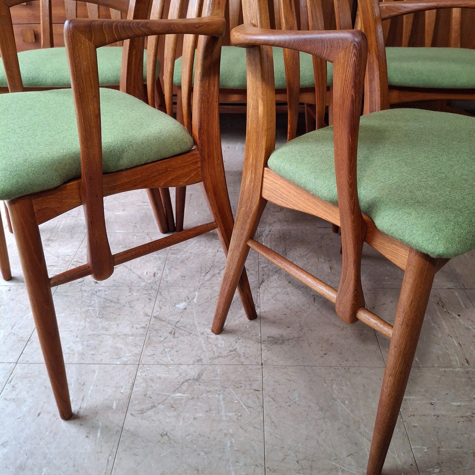 photo vinterior Fab Vintage Set Of 6 Danish Teak Niels Koefoed Eva Dining Chairs Green Wool