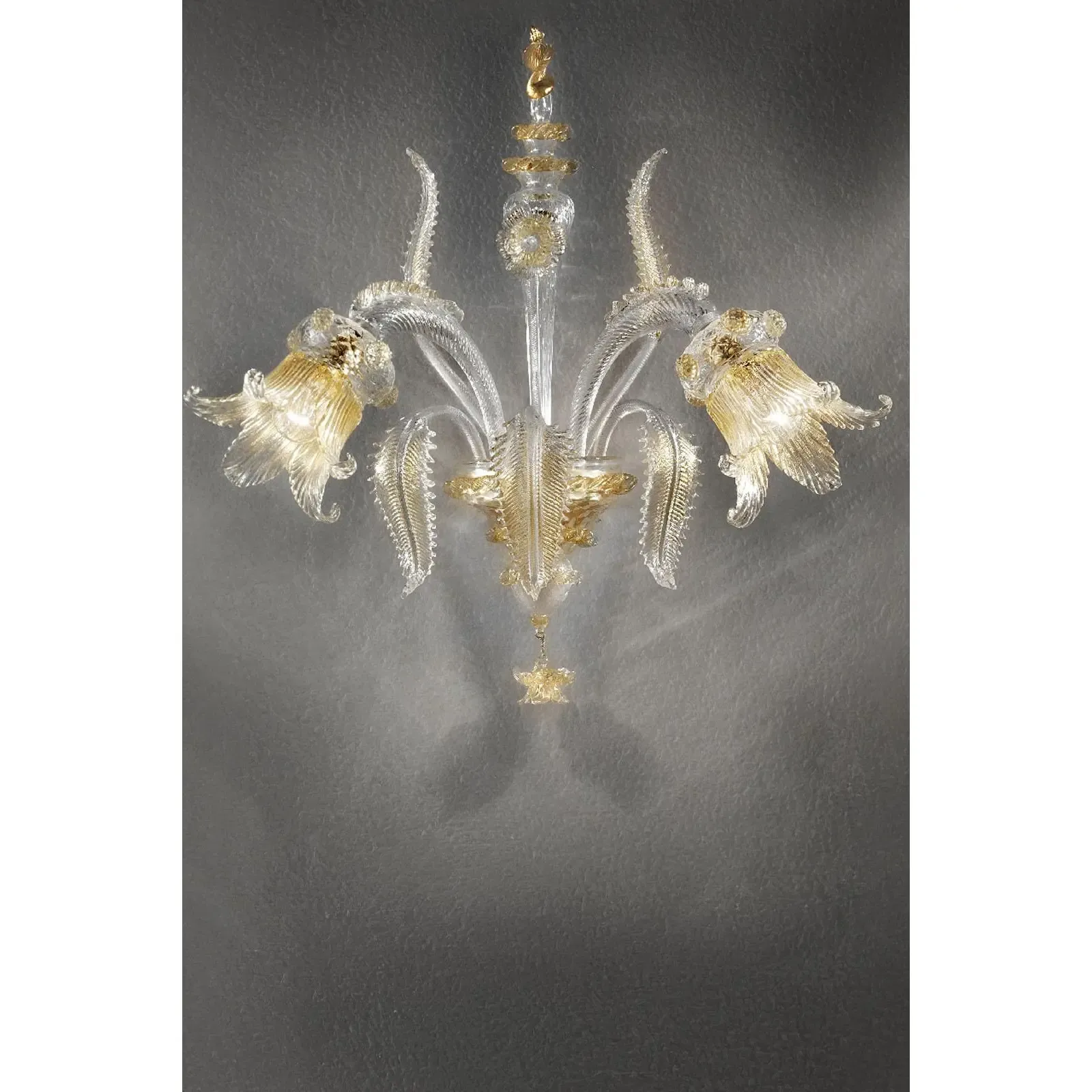 Italian Luxury Wall Sconce In Clear Murano Glass With Gold Floral Motifs photo for sale