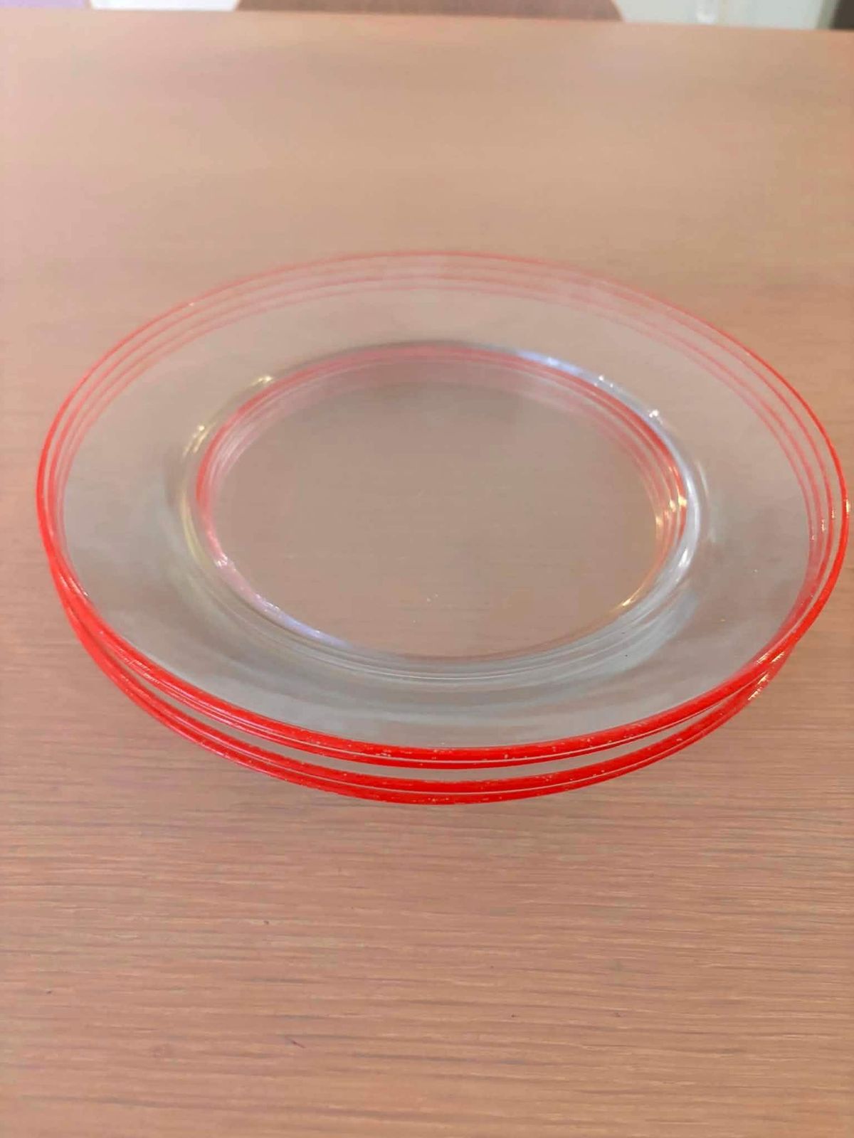 Vintage Vsg France Red Rim Glass Dinner Plates Set Of 4, 1950s 1960s French Transparent Glass Plates, Mid Century Durable Tableware photo Home Decor