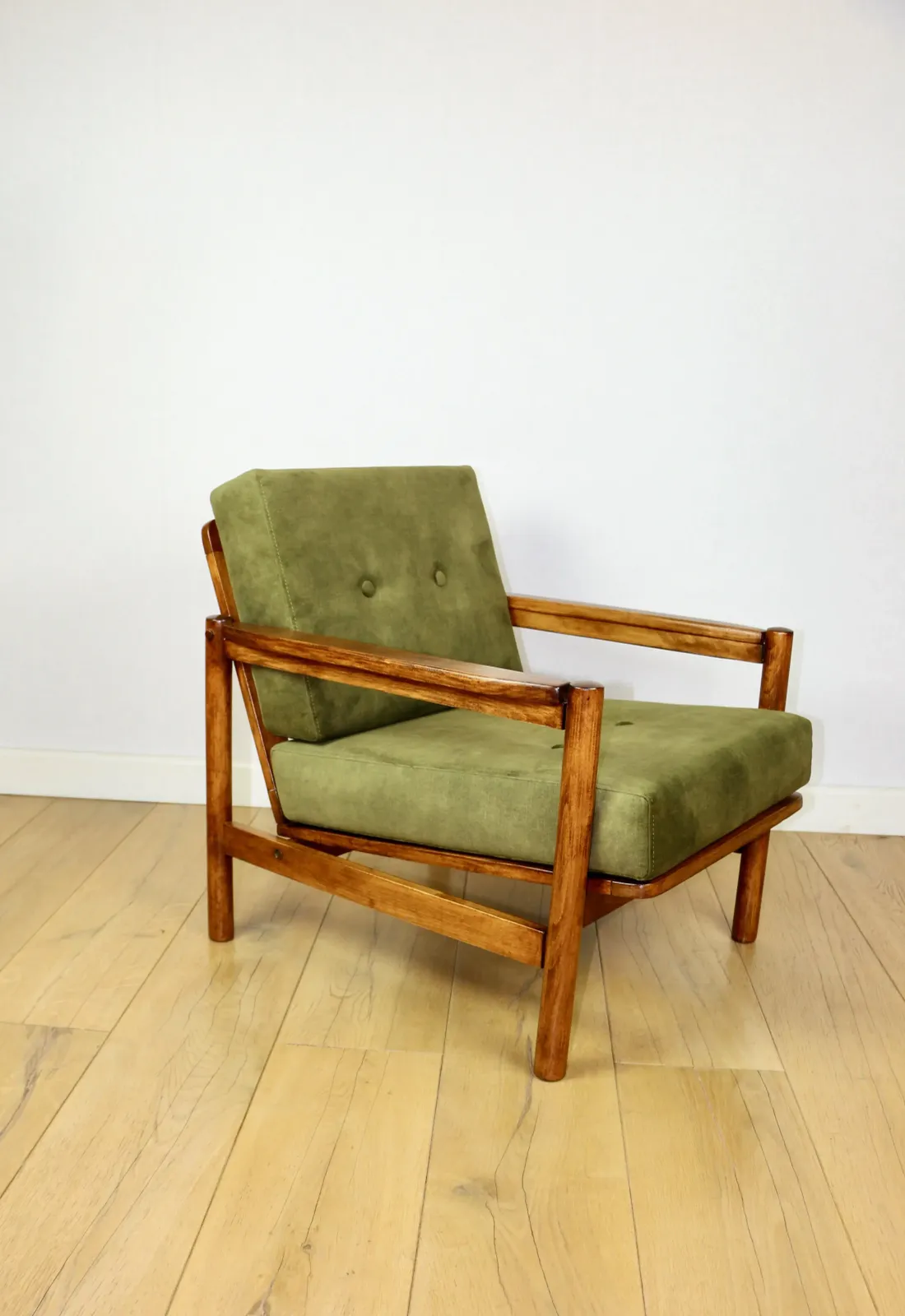 photo for sale Wooden Armchair Designed By Z. Baczyk Vintage, Olive Green Velvet