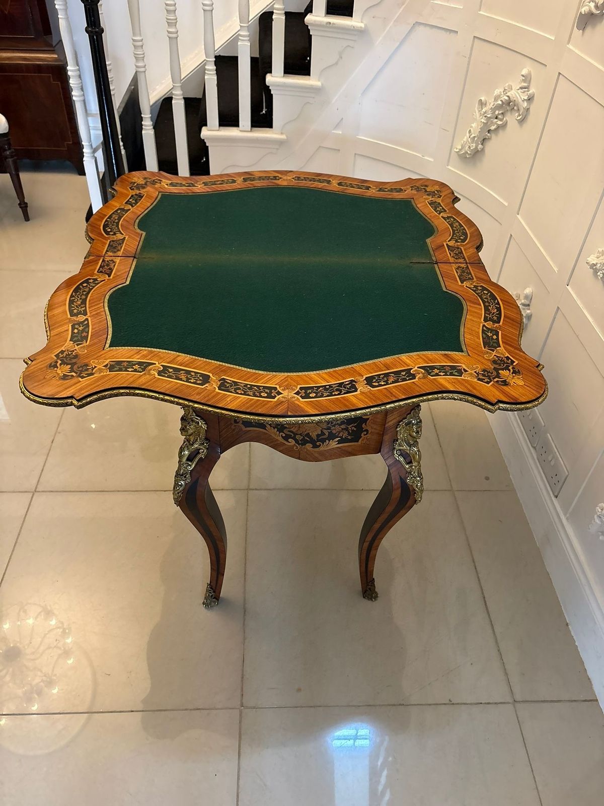 Antique French Kingwood Marquetry Card Table Ormolu Mounted Louis XV Style photo vintage