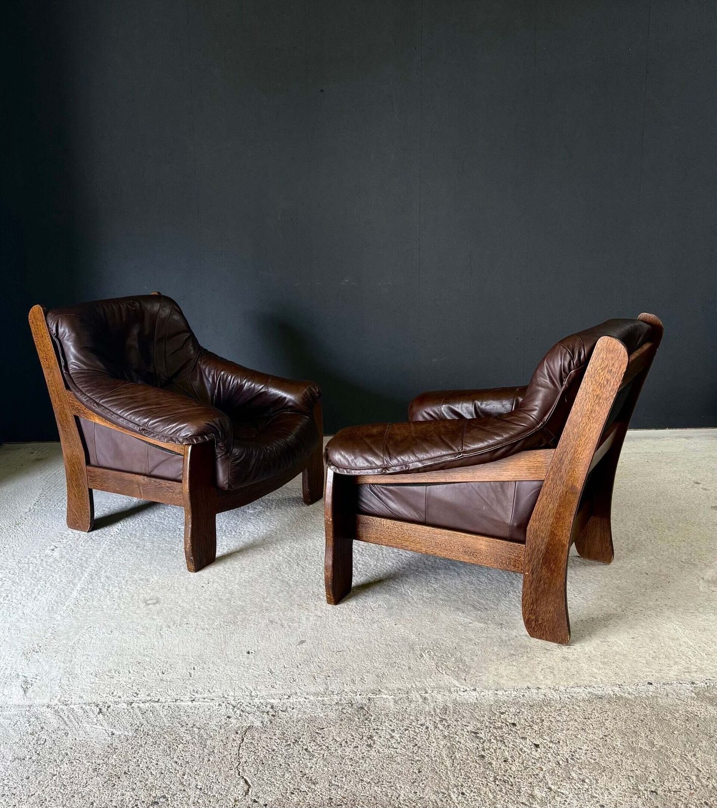 photo for sale Brutalist Design Leather & Oak Lounge Chair Set, Belgium 1970's