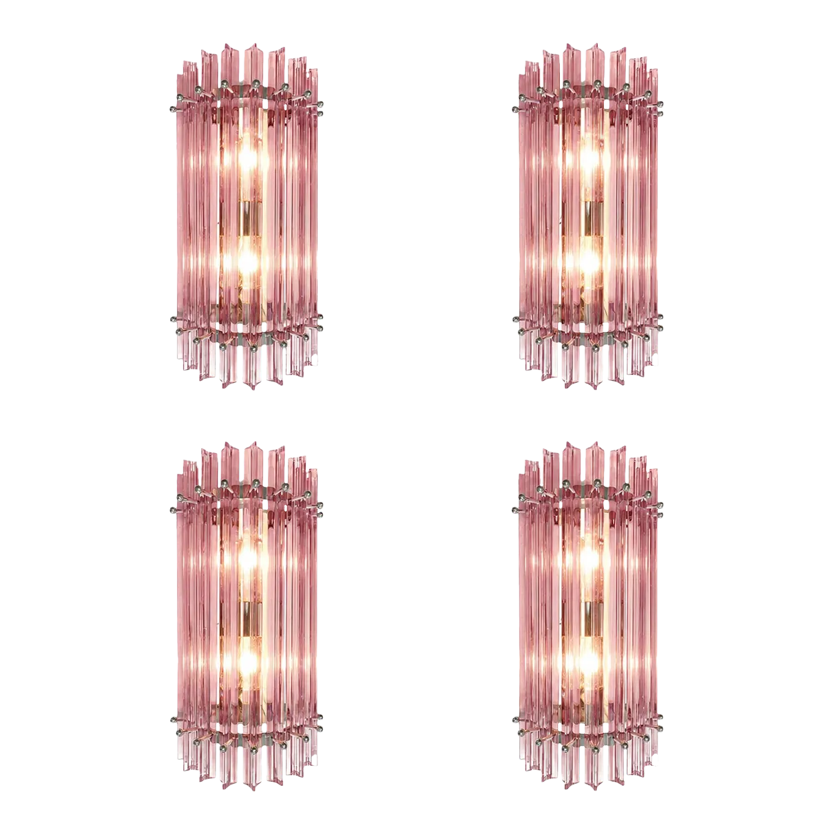 Italian Scenographic Pink “Triedro” Murano Glass Wall Sconces — Lot Of Four