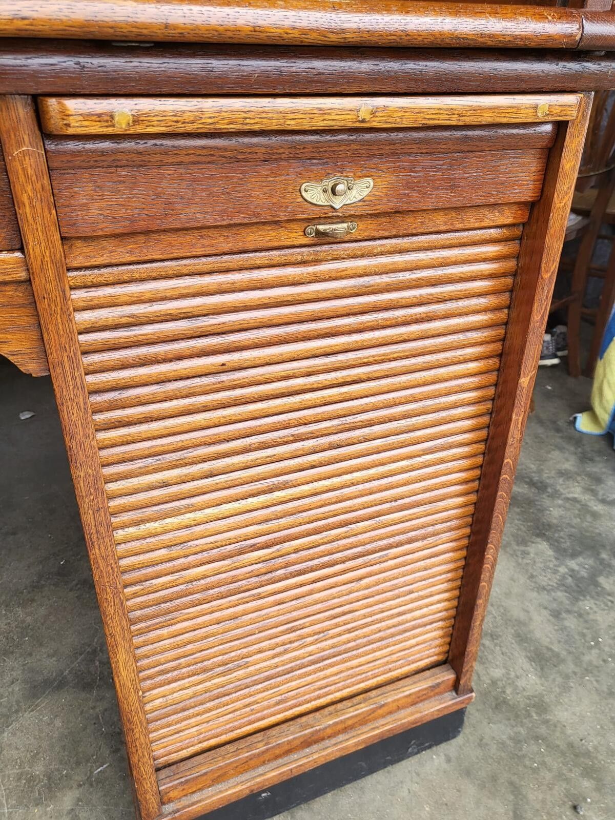 Antique Oak Roll Top Tambour Twin Pedestal Desk Drawers photo for sale