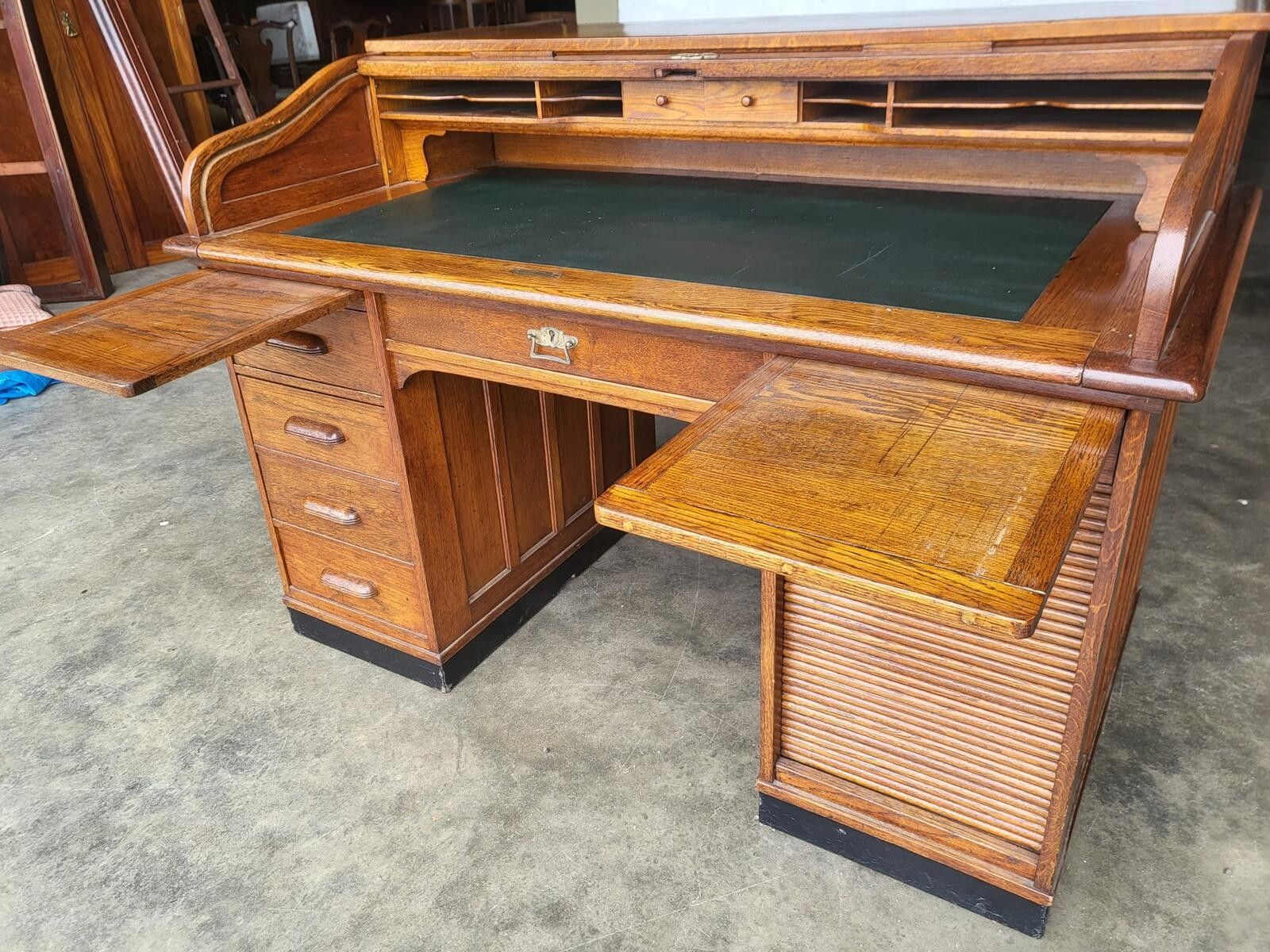 Antique Oak Roll Top Tambour Twin Pedestal Desk Drawers photo vinterior