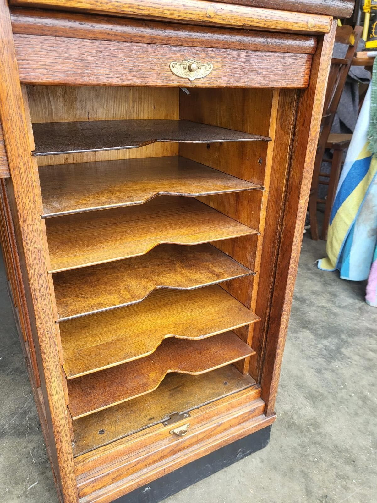 photo for sale Antique Oak Roll Top Tambour Twin Pedestal Desk Drawers