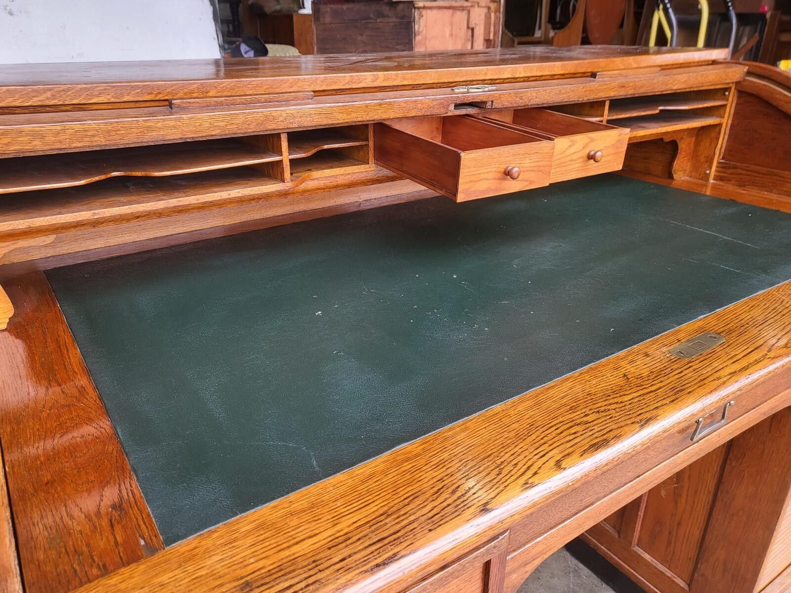 photo buy Antique Oak Roll Top Tambour Twin Pedestal Desk Drawers