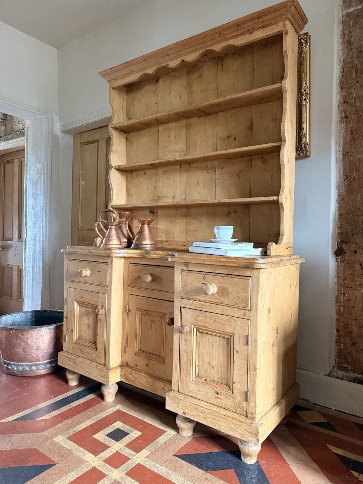 Vintage Farmhouse Rustic Country Pine Kitchen Welsh Cabinet Dresser W/Plate Rack photo vintage