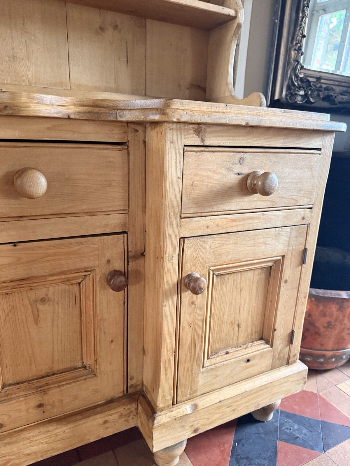 photo buy Vintage Farmhouse Rustic Country Pine Kitchen Welsh Cabinet Dresser W/Plate Rack