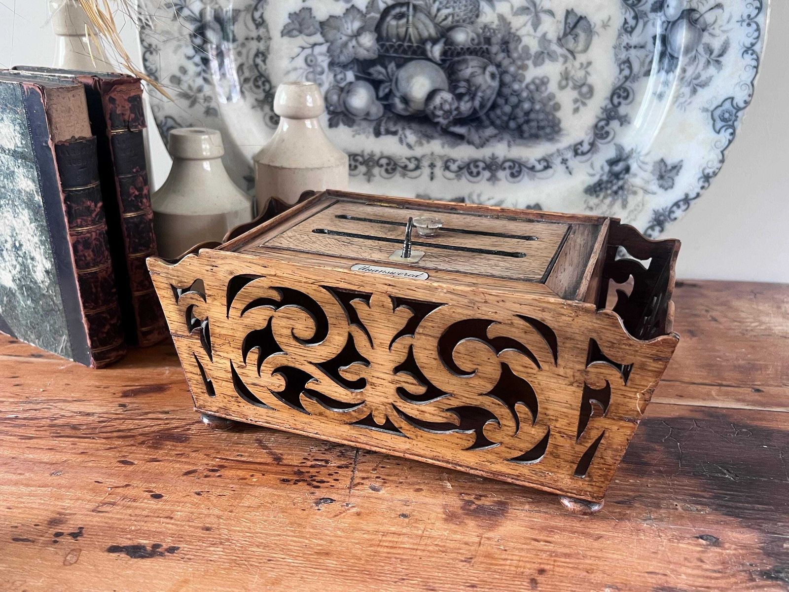 Antique Carved Oak Letter Box With Key, Victorian Gothic Revival Correspondence Post Box, Dual Slot Answered Unanswered Desk Organiser photo furniture