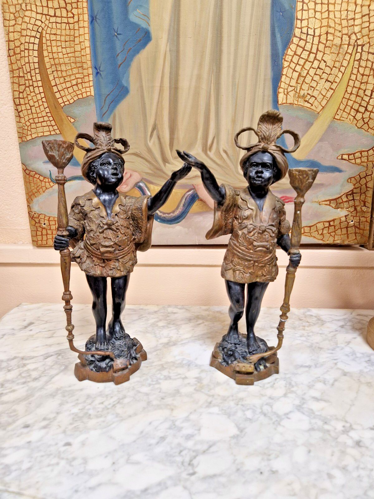 photo for sale Pair Of Antique Italian Candlesticks Bronze Venetian Sculptures 19th Century
