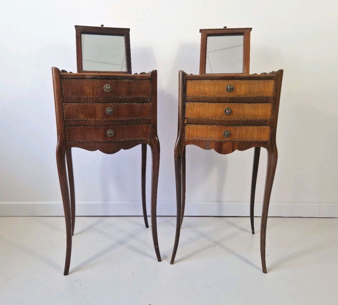 ​Pair Of Antique French Style Inlaid Bedside Vanity Tables Coiffeuses