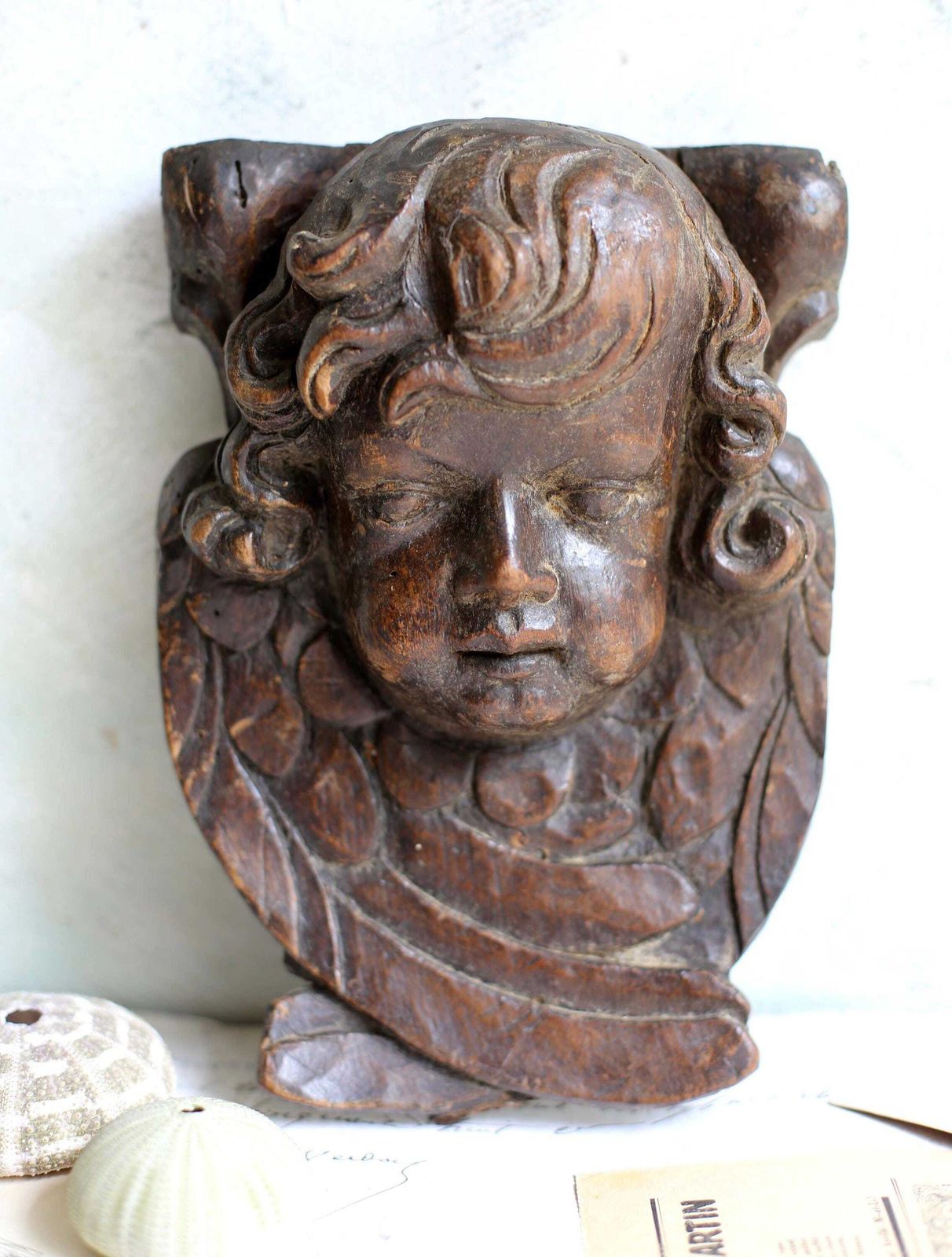Baroque Putti Fragment Antique Carved Winged Head Wooden Wall Plaque Cherub Face 17th Century