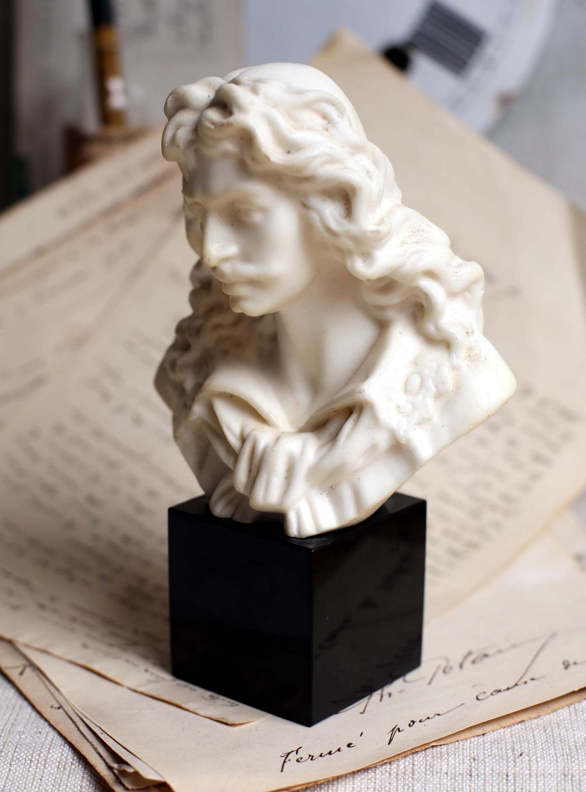 Antique Moliere Bust Male Writer Wax & Marble Figurine Of A Male Author photo for sale