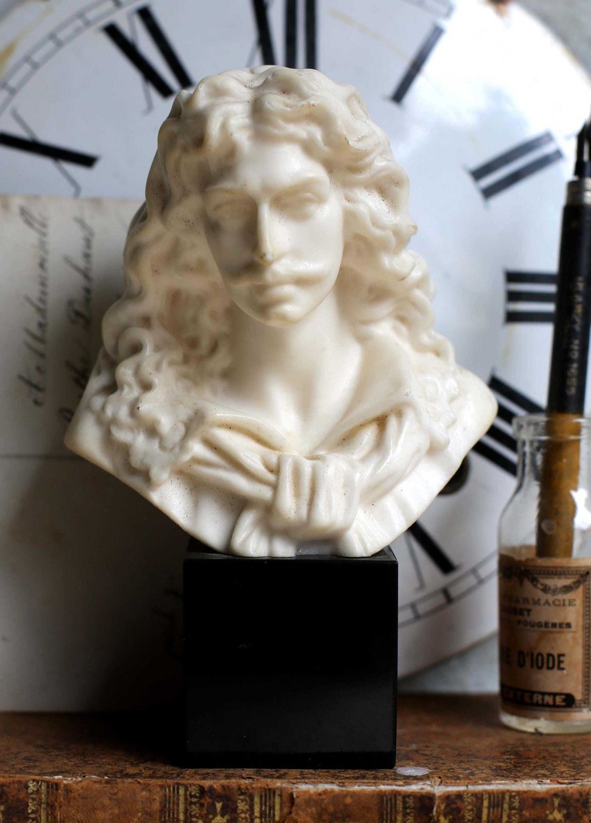 Antique Moliere Bust Male Writer Wax & Marble Figurine Of A Male Author photo vinterior