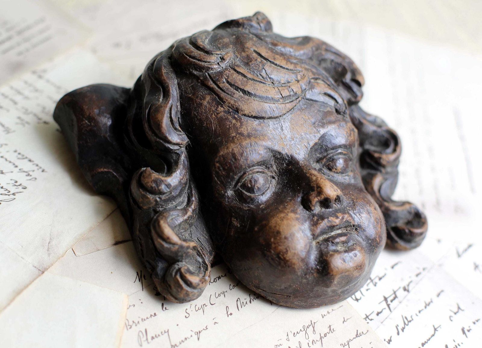 Baroque Putti Fragment Antique Carved Head Wooden Wall Plaque Cherub Face 17th Century