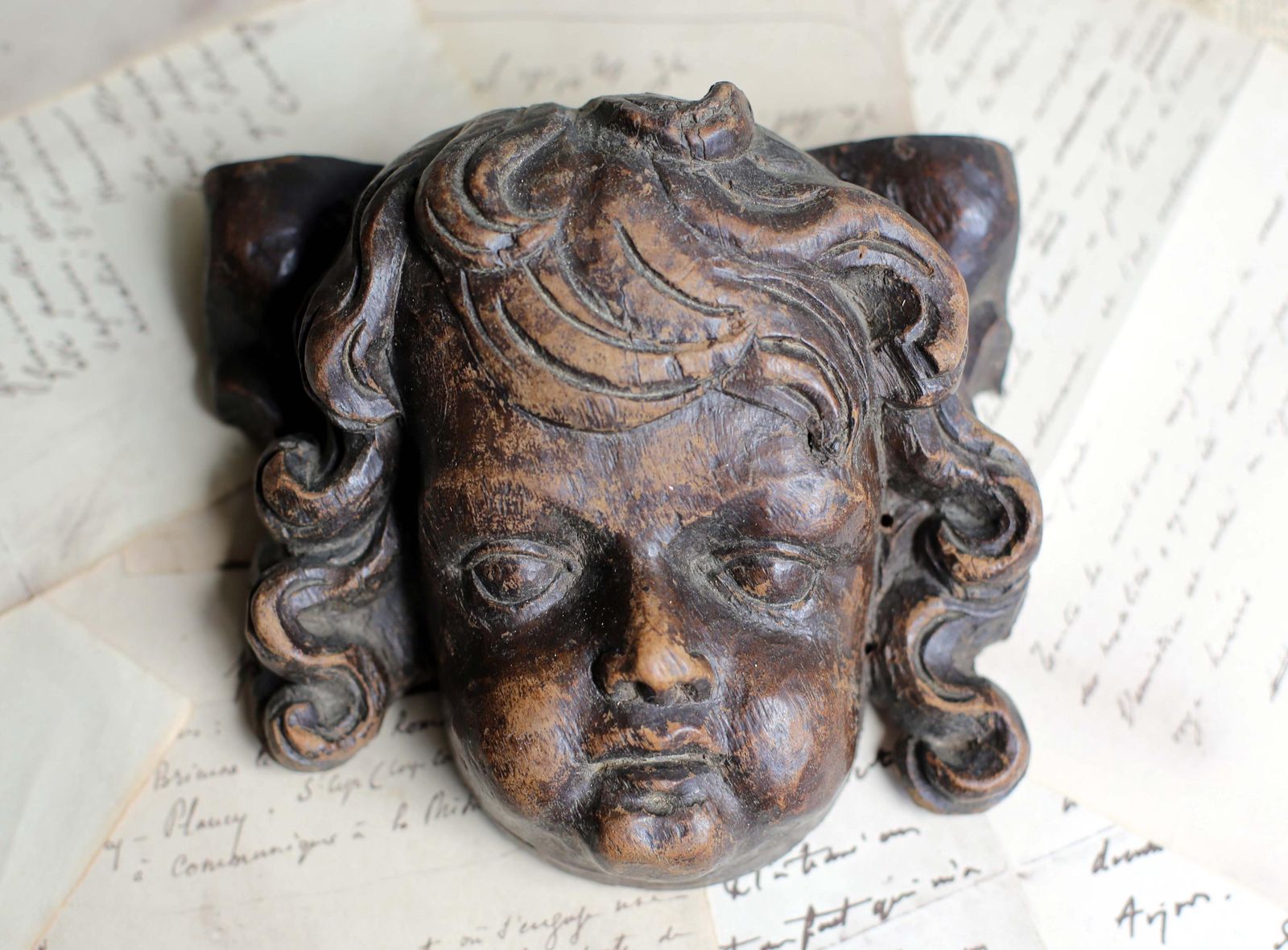 Baroque Putti Fragment Antique Carved Head Wooden Wall Plaque Cherub Face 17th Century photo furniture